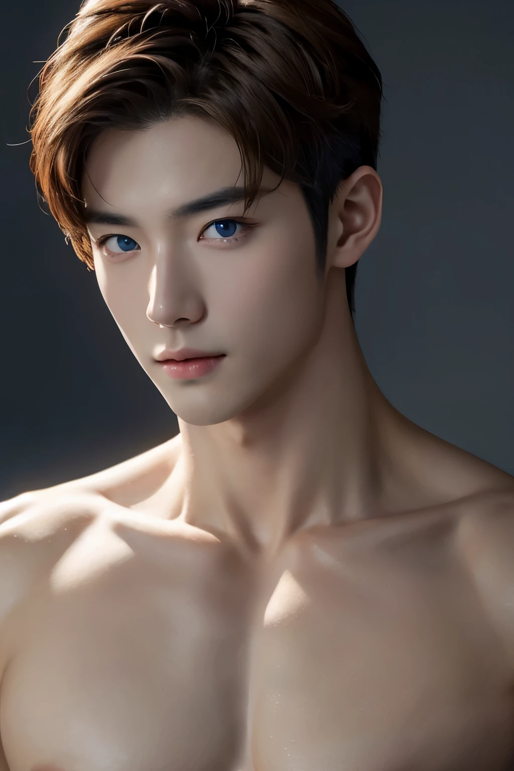 Create realistic images, High resolution photo with a handsome Korean guy, Heterochromatic blue colour eyes, He was shirtless  ..,nice skin,half body portrait,Open it up...,short light brown hair.,strong