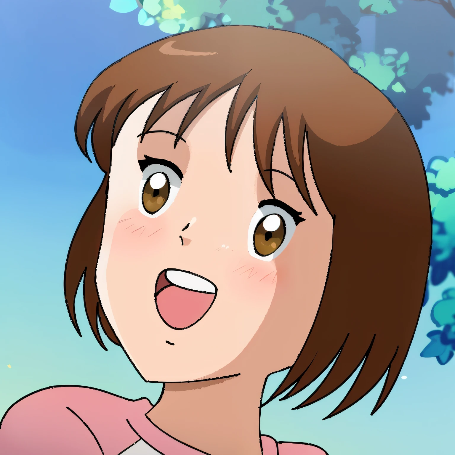 anime girl aux cheveux bruns et aux yeux marron levant les yeux, close up of Iwakura, Chihiro! fujisaki, close up Iwakura Lain, Iwakura, Iwakura Lain, style dans l'anime ghibli style, close up of Iwakura Lain, style dans l'anime ghibli, joli visage d'anime naturel, nichijou, Sakura Kinomoto