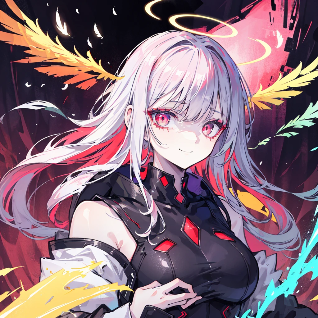 1girl, (scary), angel, flying, red clouds, side view, gorgeos, (red halo), dark, glowing eyes, red eyes, (angel wings), holy, sensual, black tunic, feathers, confident, smile, expressive eyes, collofull eyes, contrast, shadows, masterpiece, digital art, glowing eyes, intimidating, corrupted, demonic, abstract, feelings