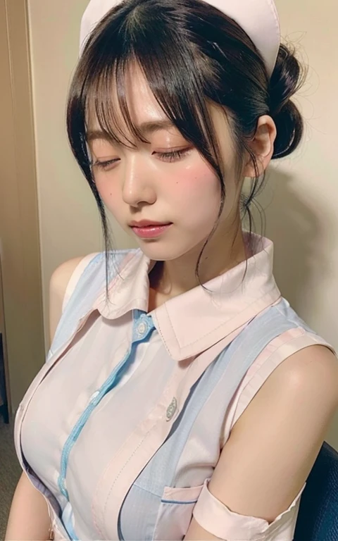 ((highest quality, 8K, debris flies: 1.3)), beauty, one japanese girl, nurse, whole body, perfect anatomy, Are standing, black hair, dull bangs, Lower ponytail, 20-year-old, face focus, detailed face, highly detailed lips, fine eyes, sweaty skin: 1.2, nurse uniform, pale pink dress, nurse cap,((Her dress is a little unbuttoned、I can see my underwear。:1.4))、hospital room、((close your eyes:1.3))、upper grade、high angle、open your mouth a little