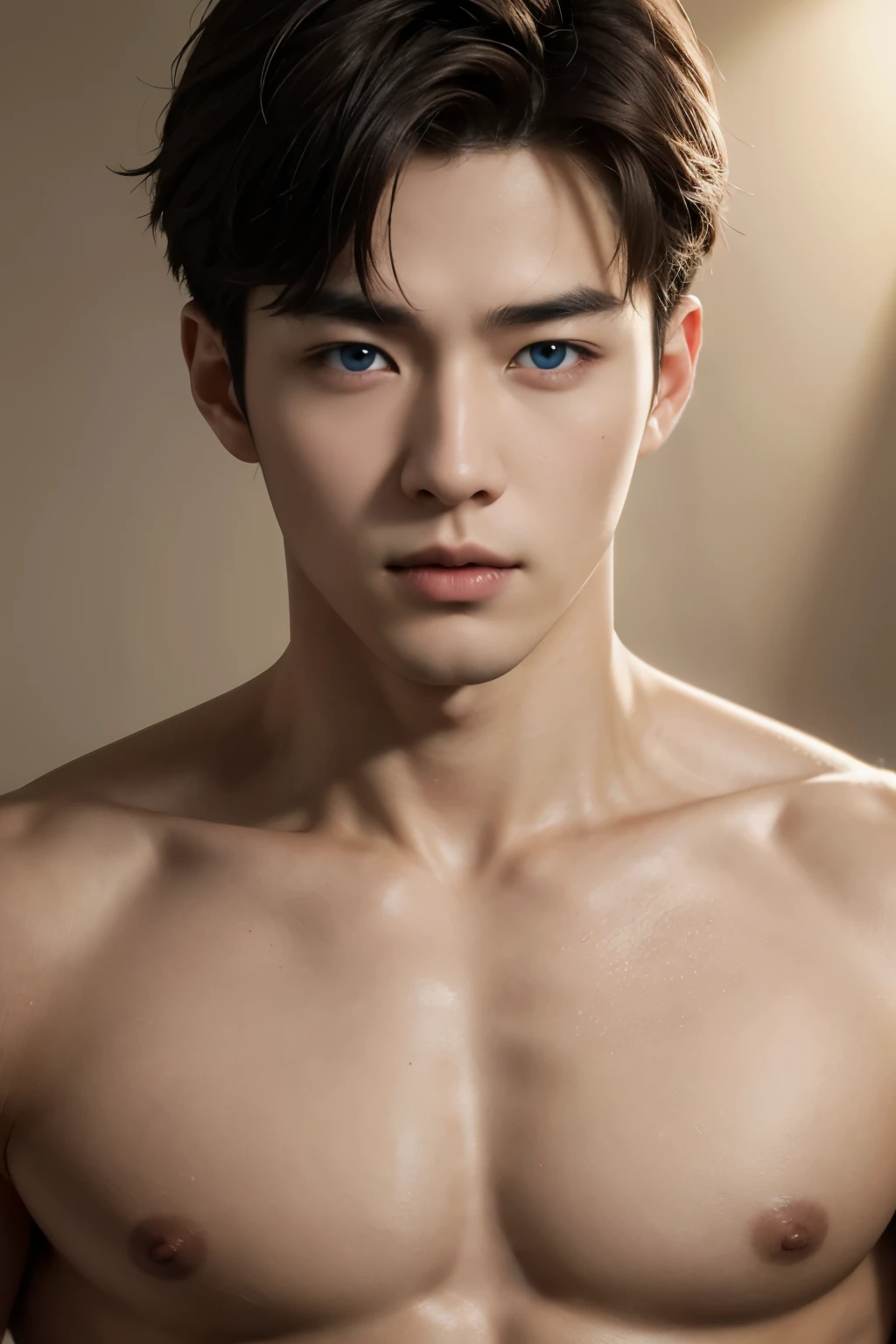 Create realistic images, High resolution photo with a handsome Korean guy, Heterochromatic blue colour eyes, He was shirtless ..,nice skin,half body portrait,Open it up...,short light brown hair.,strong