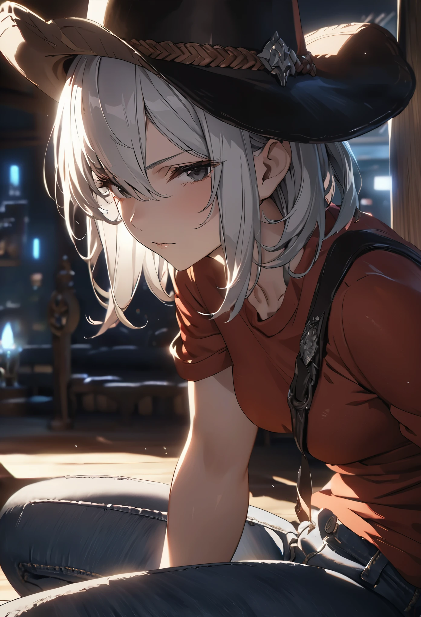 ((solo)), (woman), black eyes, silver hair, short hair, (sculpted body), medium-big breasts, thick, (20 year old), close up of a person on a village during the night detailed key anime art, acheron, casimir art, masamune shiro, masamune, beautiful woman in demon slayer art,, heise jinyao, shadowverse style, (no logos), jeans shorts, red shirt, jeans jacket, cowboy hat, eye reflection, depth of field, cinematic lighting, ray tracing, depth of field, cinematic lighting, ray tracing, UHD, high details, best quality, highres, high quality, award winning, super detail, masterpiece, 8k, UHD, high details, best quality, highres, high quality, award winning, super detail, masterpiece, 8k