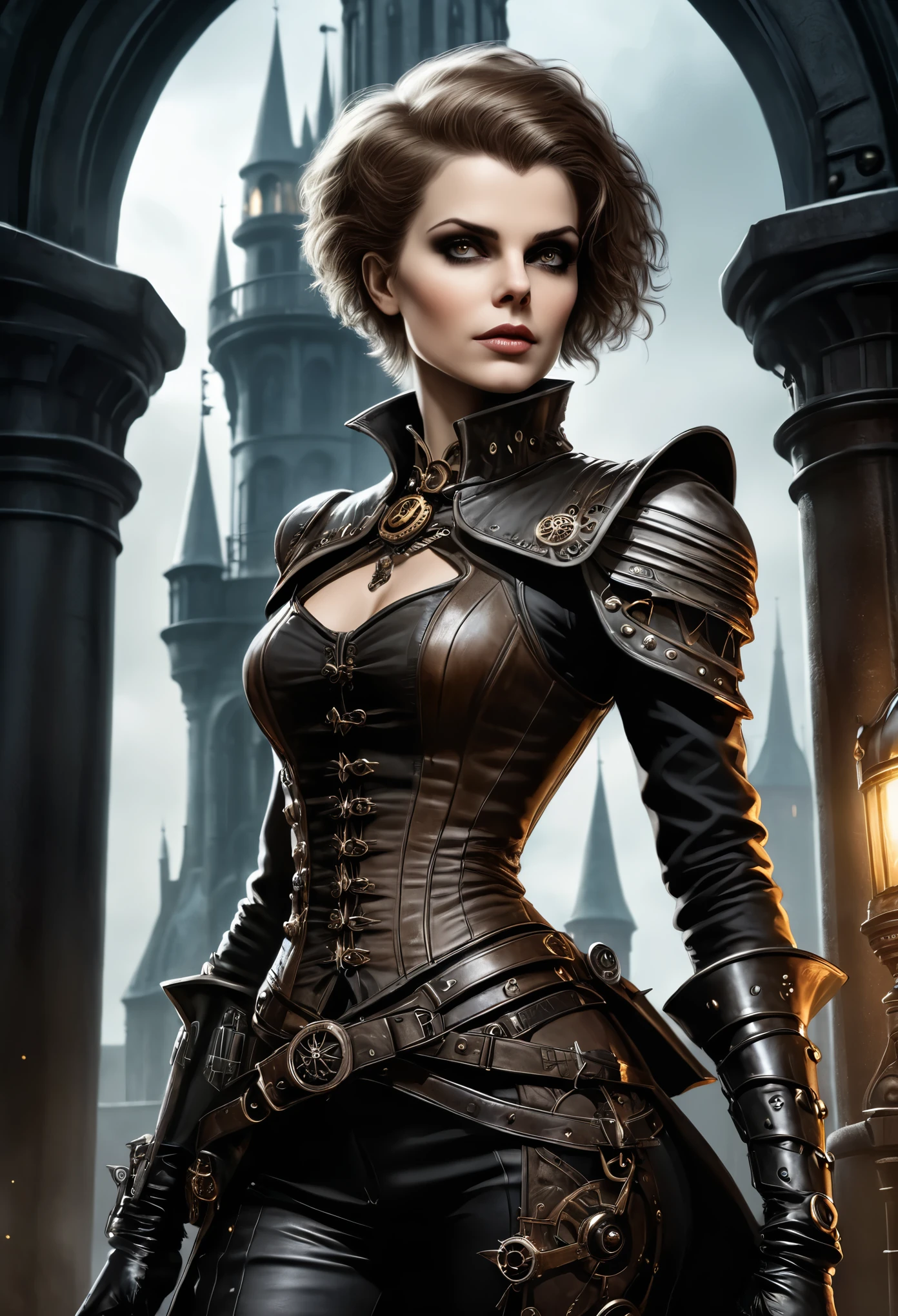 (Realisttic:1.2), ultra detailed, Beautiful woman posing by a tower. warrior. steampunk. Her clothing is both and decorative, emphasizing her form. She has short hair and an elegant expression on her face, with soft features and striking eyes that draw the viewer in. This contrast between the fantastical character and the more traditional Darkest Dungeon color scheme and elements gives the piece an intriguing narrative quality, highly stylized by H.R. Giger. depth of field, bokeh effect, backlit, stylish, elegant, breathtaking, visually rich, masterpiece full body shot.