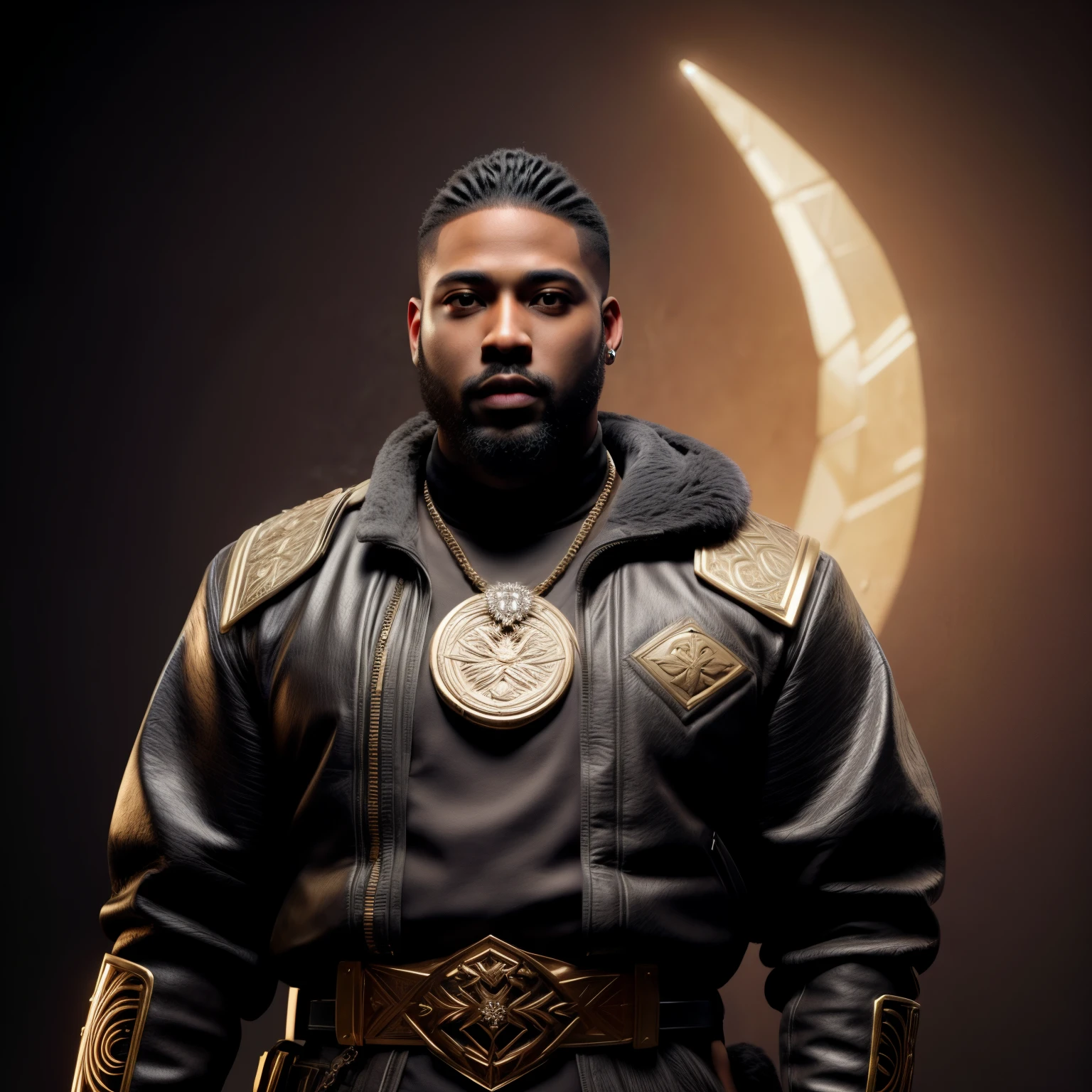 there is a godly man with a beard and a sword standing in front of a wall, unreal 5. rpg portrait, fantasy style 8 k octane render, created in unreal engine 5, 8k portrait render, cinematic unreal 5, handsome prince warrior of NY, yasuke 5 0 0 px models, 8 k cg render, rendered in unreal 5, rendered in unreal engine 5, Son of African American Kristopher Logan Daniel and Rhea Ripley, Genetics, Masculine traits and attributes, vibrant brown eyes, radiant, focused, ambitious, confident, observant, competent, HOVA inspired clothing, streetwear, hip hop vibe, art, Cancerian Sun Sign traits, Sagittarius Moon traits, natal chart, Libra ascendant, zodiac, high quality fleece jacket, wearing diamond chain draped on upper body 