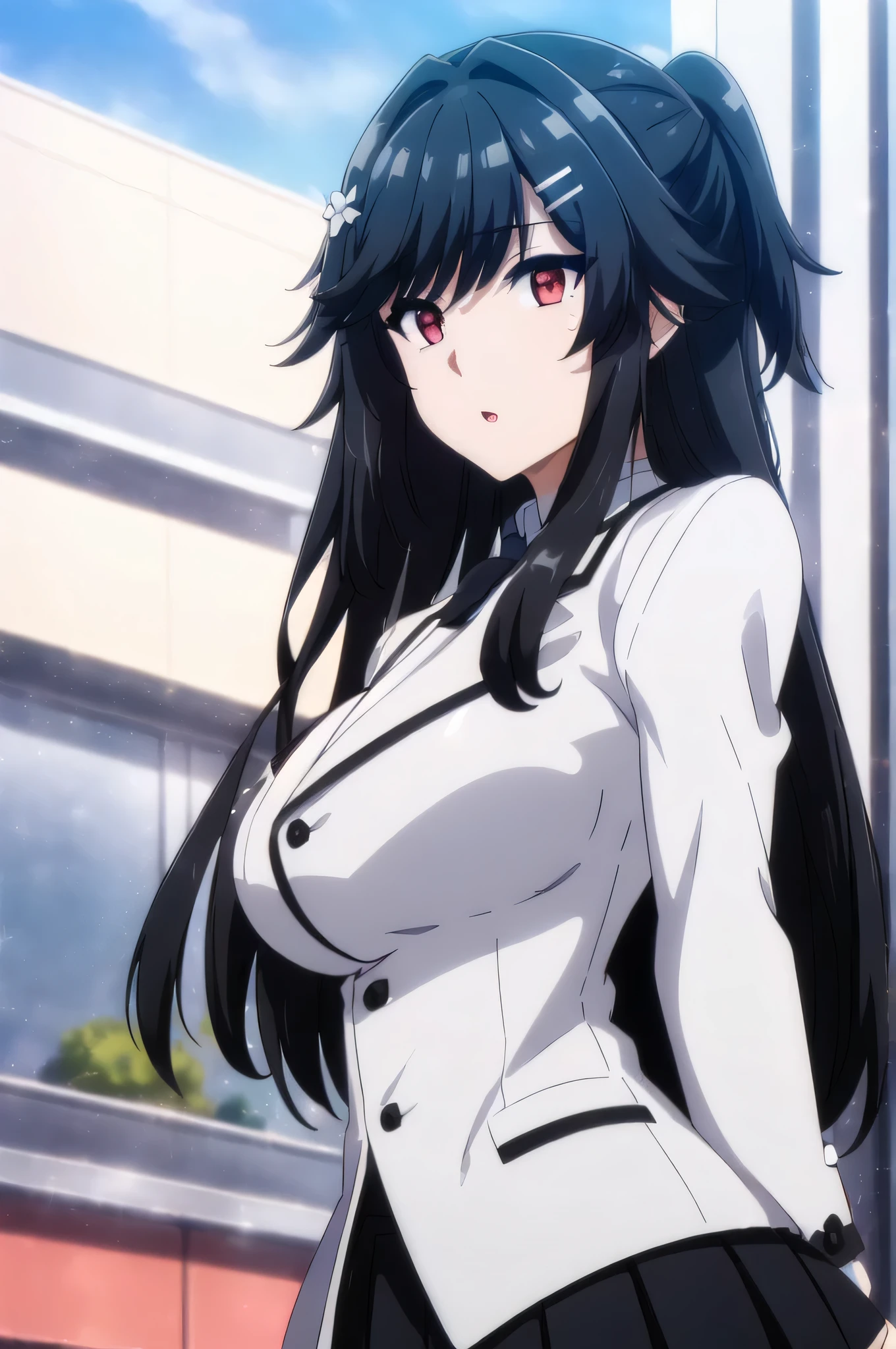 (day:1.7), Japan, a street with a suitcase on his back and a building in the background, 
Standing at attention,
 white shirt ,black skirt,jacket,,Black Tie,
bangs, black hair,hair ornament, hairclip, long hair, red eyes,
1 girl, 20yo,Young female,Beautiful Finger,Beautiful long legs,Beautiful body,Beautiful Nose,Beautiful character design, perfect eyes, perfect face,expressive eyes,
looking at viewer, in the center of the image,(Upper_body),(close-Up),(Focus on her face),
official art,extremely detailed CG unity 8k wallpaper, perfect lighting,Colorful, Bright_Front_face_Lighting,shiny skin, 
(masterpiece:1.0),(best_quality:1.0), ultra high res,4K,ultra-detailed,
photography, 8K, HDR, highres, absurdres:1.2, Kodak portra 400, film grain, blurry background, bokeh:1.2, lens flare, (vibrant_color:1.2)
(Beautiful,large_Breasts:1.4), (beautiful_face:1.5),(narrow_waist),