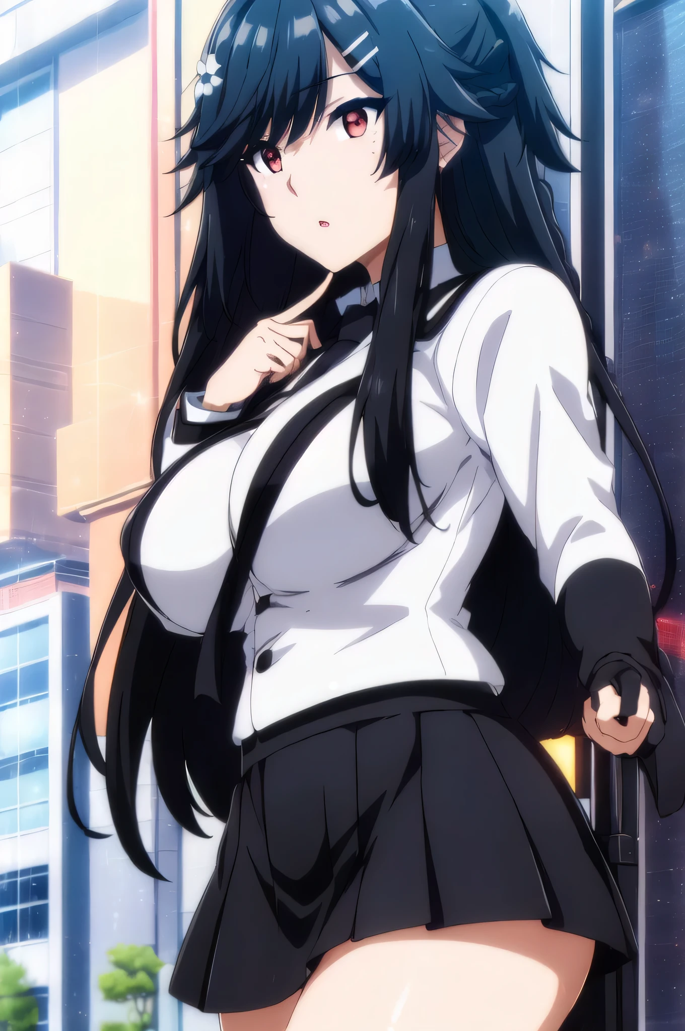 (day:1.7), Japan, a street with a suitcase on his back and a building in the background, 
Standing at attention,
 white shirt ,black skirt,jacket,,Black Tie,
bangs, black hair,hair ornament, hairclip, long hair, red eyes,
1 girl, 20yo,Young female,Beautiful Finger,Beautiful long legs,Beautiful body,Beautiful Nose,Beautiful character design, perfect eyes, perfect face,expressive eyes,
looking at viewer, in the center of the image,(Upper_body),(close-Up),(Focus on her face),
official art,extremely detailed CG unity 8k wallpaper, perfect lighting,Colorful, Bright_Front_face_Lighting,shiny skin, 
(masterpiece:1.0),(best_quality:1.0), ultra high res,4K,ultra-detailed,
photography, 8K, HDR, highres, absurdres:1.2, Kodak portra 400, film grain, blurry background, bokeh:1.2, lens flare, (vibrant_color:1.2)
(Beautiful,large_Breasts:1.4), (beautiful_face:1.5),(narrow_waist),