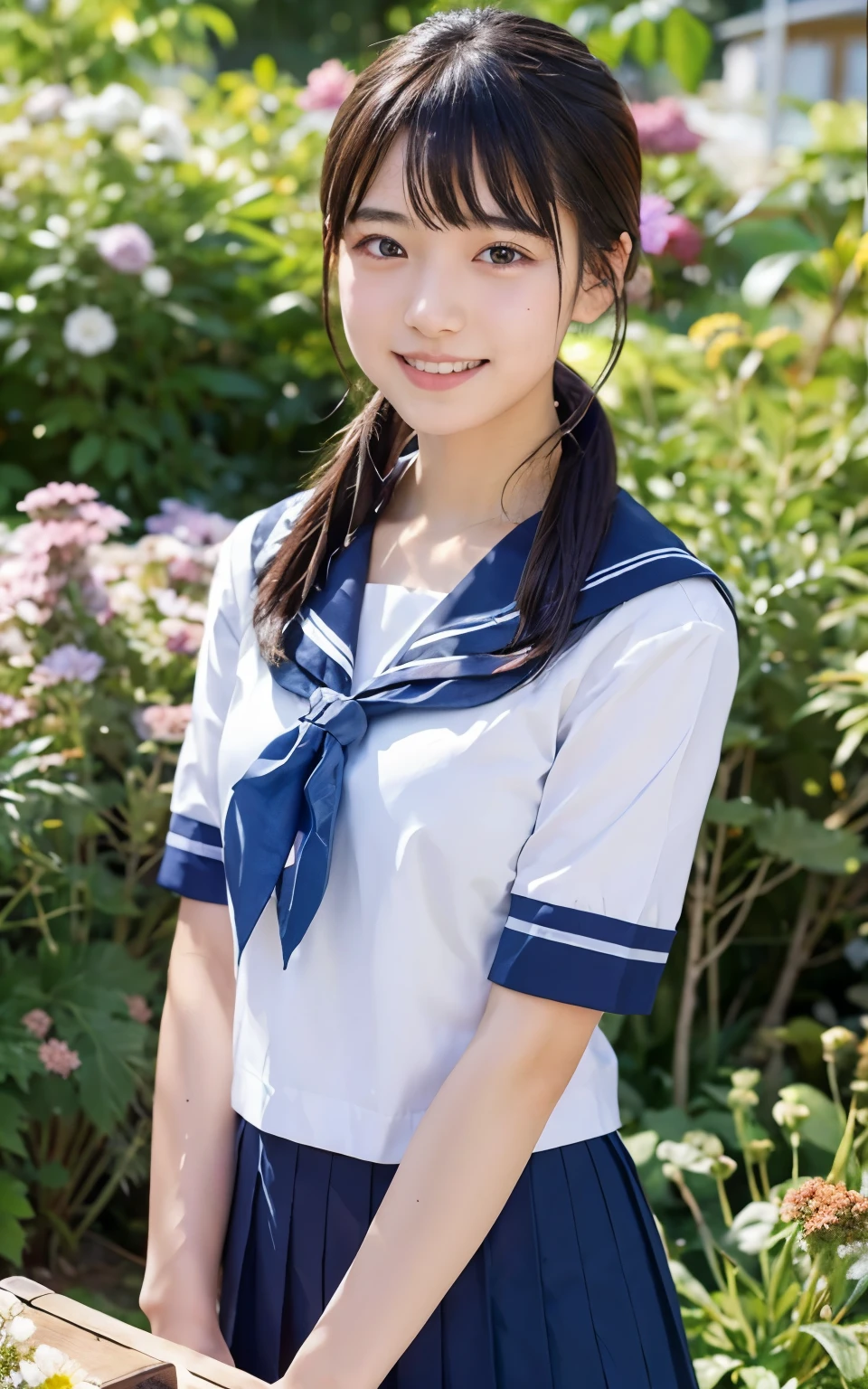 ((top quality, 8K, table top: 1.3)), beauty, 1 Japanese girl, cute girl, school girl, ************, portrait, black hair, lower ponytail, light smile, detailed face, highly detailed lips, fine eyes, double eyelid, sweaty skin: 1.2, (school uniform), sailor suit, pleated skirt, standing in the flower garden, carpet of flowers,