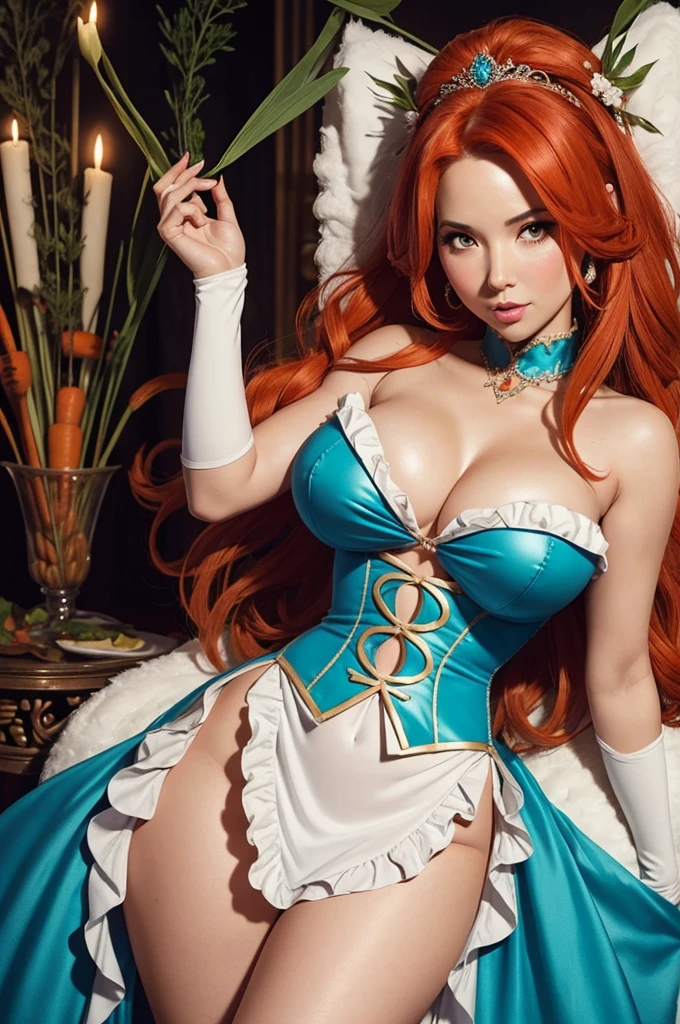 A sexy/cute fairytale lady sweet/wholesome that looks like the daughter of Olivia Munn and the comedian Carrot Top. thin, curvy, hyper-hourglass figure. Traditional/conservative dress. Exudes love, submission and conservative values.