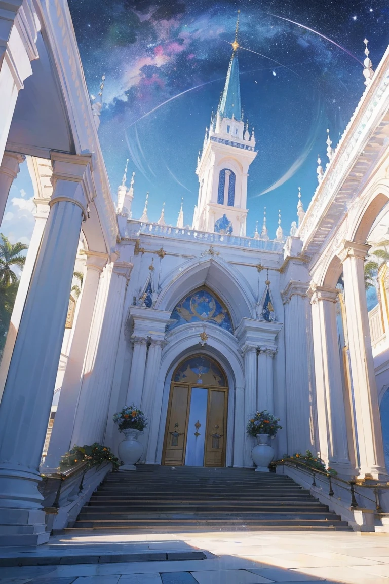 paisagem grande planice com flores azuis e avermelhas que levam a um palacio celestial branco com detalhes douradas , iluminado pelas estrelas , mostrado toda arquitetura do palacio