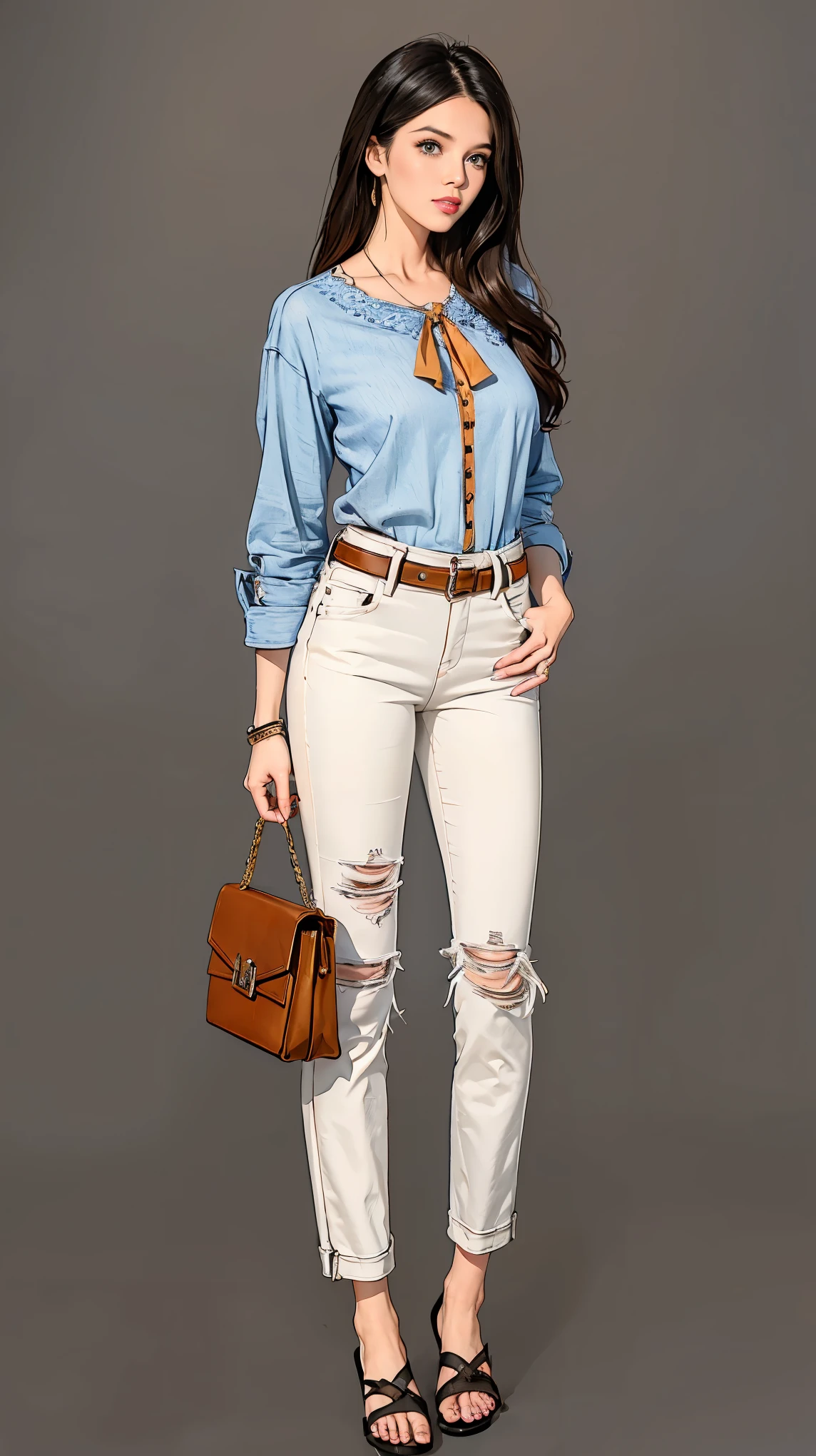 ((best quality,4k,highres,masterpiece:1.2)),((character concept art)), 1 female, age 17. For a casual weekend outfit, she's dressed in a relaxed yet chic ensemble by Hermes. (((She's wearing a simple white Hermes silk blouse paired with the brand's iconic high-waisted, belted denim jeans))). The outfit is completed with a pair of comfortable Hermes Oran sandals, perfect for a casual weekend outing. Her accessories include a classic Hermes Evelyne cross-body bag and a stylish Hermes enamel bangle. Despite the casual nature of her outfit, her style exudes an air of effortless elegance and sophistication that is characteristic of the Hermes brand. ((intricate detail)), super finely detailed hands, ultra finely detailed fingers(((ten fingers))), (standing casually), (full body showcase), (show full body), (no logos on background), (no logo), ((plain background)), ((plain background)), (((empty background))).