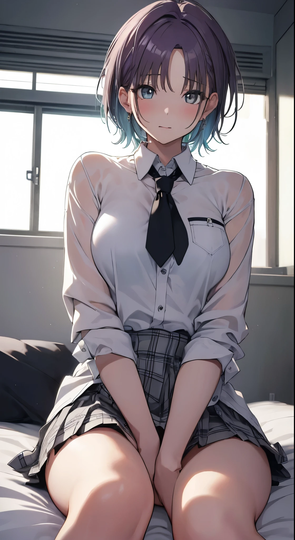 (((Super detailed:1.3))), intricate iris details, attractive eye reflection, Eye-catching highlight, Depth and three-dimensionality of pupils, Subtle color changes in the iris, Carefully finishes every detail of your eyelashes., Depth and three-dimensionality of pupils, ⓪Action:(arm behind head: 1.0), 足をwideげる, lie, ①Quality:masterpiece, 8K, Very detailed CG, Super detailed, (((perfect hands:1.2))), (((perfect anatomy:1.2))), 1 girl, beautiful face: 1.1, ②Lighting:bright light, moody lighting, Natural light, best illumination, Part 3: small breasts, beautiful breasts, beautiful nipples, shiny hair, floating hair, shining eyes, Happy, detailed face, fine eyes, Skin Details ④ Style: animation, shape, (), ⑤Subject:(Toru Asakura: 1.3), (short hair: 1.3), (parted bangs: 1.3), (blue hair、gradient hair、colorful hair、parted bangs、purple hair), ⑥Environment: Bedroom,penthouse, Suite Room, wide々Double bed, (luxury bedroom: 1.3), ⑦Construction:full body, looking at the viewer, very wide shot, from below, ⑧Costume(open collar, , sleeves rolled up, Wristband, earrings)(plaid, pleated skirt, skirt, gray plaid skirt), (simple loose black tie) ⑨Others:(Waiting for a kiss、tight waist、slender body、small head、seven-headed body, beautiful feet, beauty of footboard),NSFW.panties、pantiesに手を入れて、