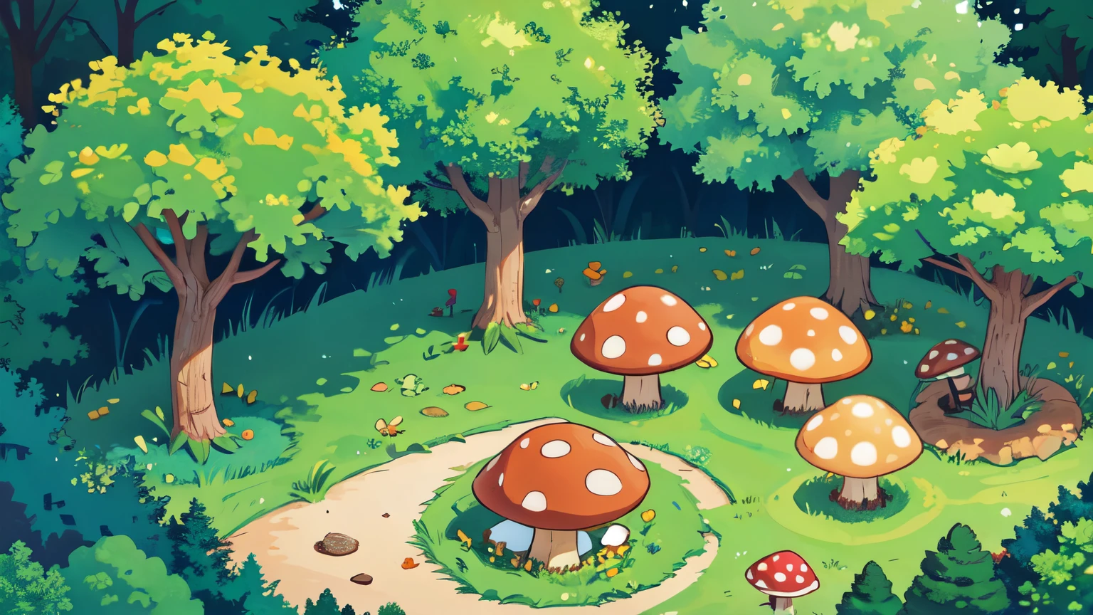 the forest, meadow, mushrooms, oak, view from above