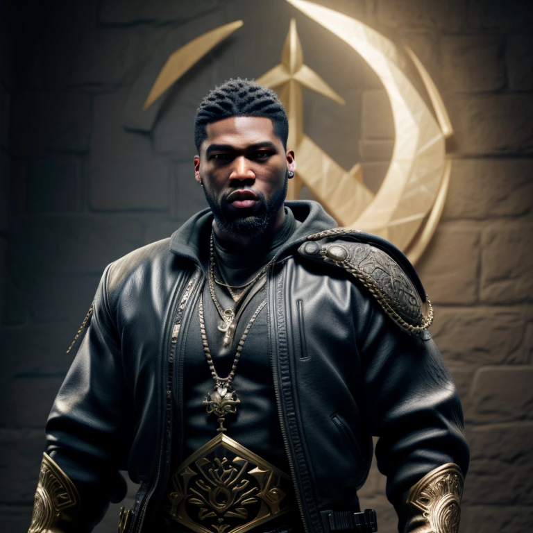 there is a godly man with a beard and a sword standing in front of a wall, unreal 5. rpg portrait, fantasy style 8 k octane render, created in unreal engine 5, 8k portrait render, cinematic unreal 5, handsome prince warrior of NY, yasuke 5 0 0 px models, 8 k cg render, rendered in unreal 5, rendered in unreal engine 5, Son of African American Kristopher Logan Daniel and Rhea Ripley, Genetics, Masculine traits and attributes, 50 Cent energy, vibrant brown eyes, radiant, focused, ambitious, confident, observant, competent, HOVA inspired clothing, streetwear, hip hop vibe, art, Cancerian Sun Sign traits, Sagittarius Moon traits, natal chart, Libra ascendant, zodiac, high quality fleece jacket, wearing diamond chain draped on upper body