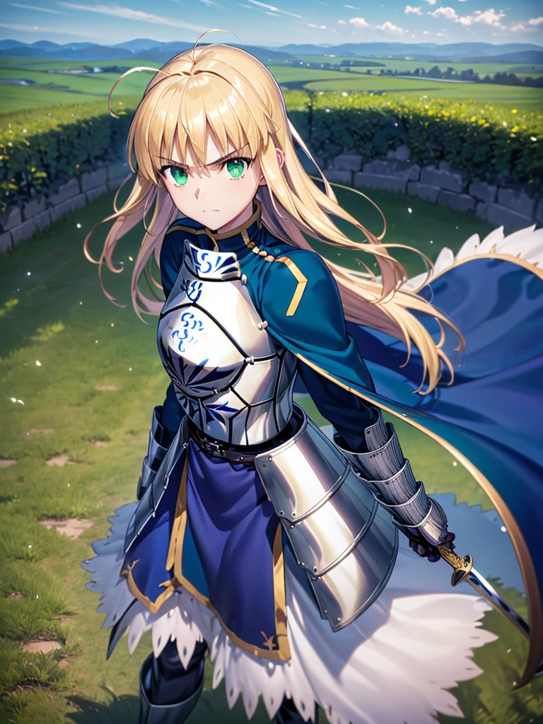 Grand background，1girll，A face，bit girl，Artoria，king arthur，King of Britain，FATE series，Knight King，medieval timeajesty，((Bright blonde hair))，Side Body，grassland background，，Small characters，Fighting posture，There is and only one golden sword，Short pointed soldiers，Long sword body，Straight sword，Sword close-up，Sword in hand，Serious expression，Handsome，with a round face，closeup of face，Heavy sterling silver armor，Sterling silver leg armor，Sterling silver armour，Dark blue heavy cape，Fur edges，Huge dark blue round battle skirt，Gold lace，Coiled hair，Green eyes，Solitude，A half body，(ultra high resolution)，(Ultra-high sharpness)，tmasterpiece，best quality