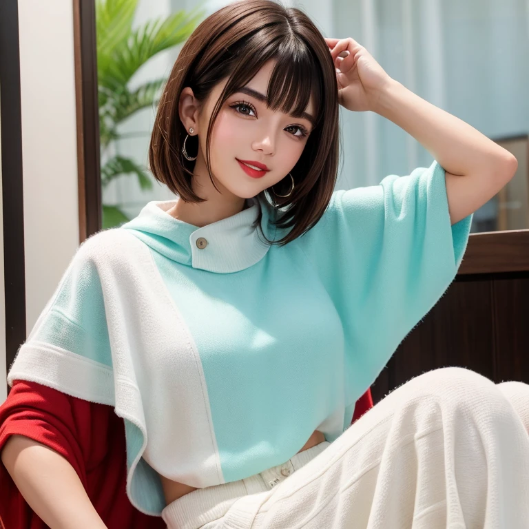 22 year old youman, beautiful, round face, short brown hair with bangs, big brown eyes, big lips, red lips, fixing hair with right hand, wearing white poncho, cyan pants, smiling