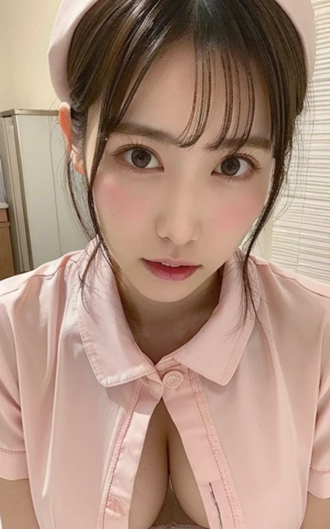 ((highest quality, 8K, debris flies: 1.3)), beauty, one japanese girl, nurse, whole body, perfect anatomy, Are standing, black hair, dull bangs, Lower ponytail, 20-year-old, face focus, detailed face, highly detailed lips, fine eyes, sweaty skin: 1.2, nurse uniform, pale pink dress, nurse cap,((Her dress is a little unbuttoned、I can see my underwear。:1.4))、hospital room、((close your eyes:1.3))、upper grade、high angle、open your mouth a little