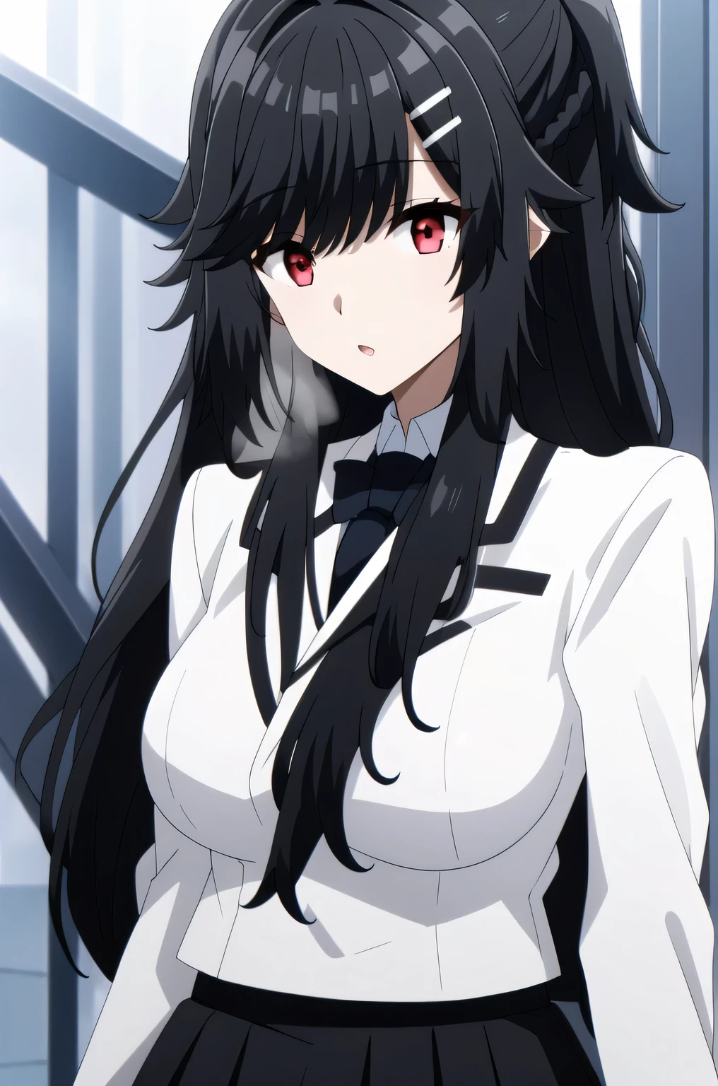 white shirt ,black skirt,jacket,,Black Tie, bangs, black hair,hair ornament, hairclip, long hair, red eyes,large breast,narrow waist