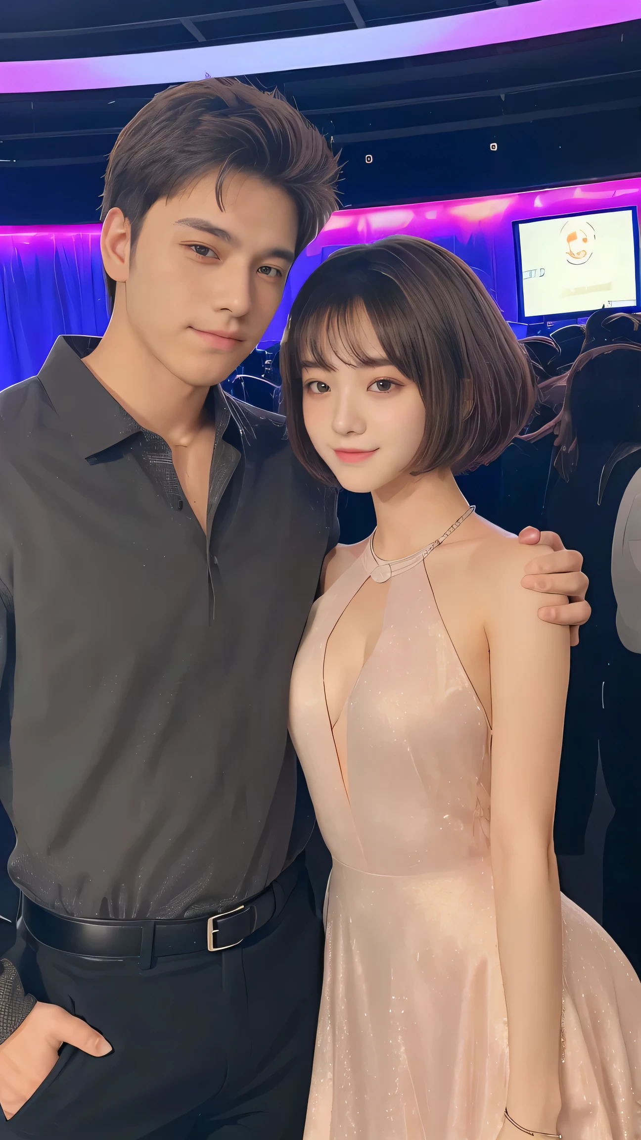 Couple at a disco party, chubby man and a skinny teenager with short hair  