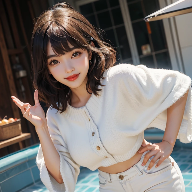22 year old youman, beautiful, round face, short brown hair with bangs, big brown eyes, big lips, red lips, fixing hair with right hand, wearing white poncho, cyan pants, big smile