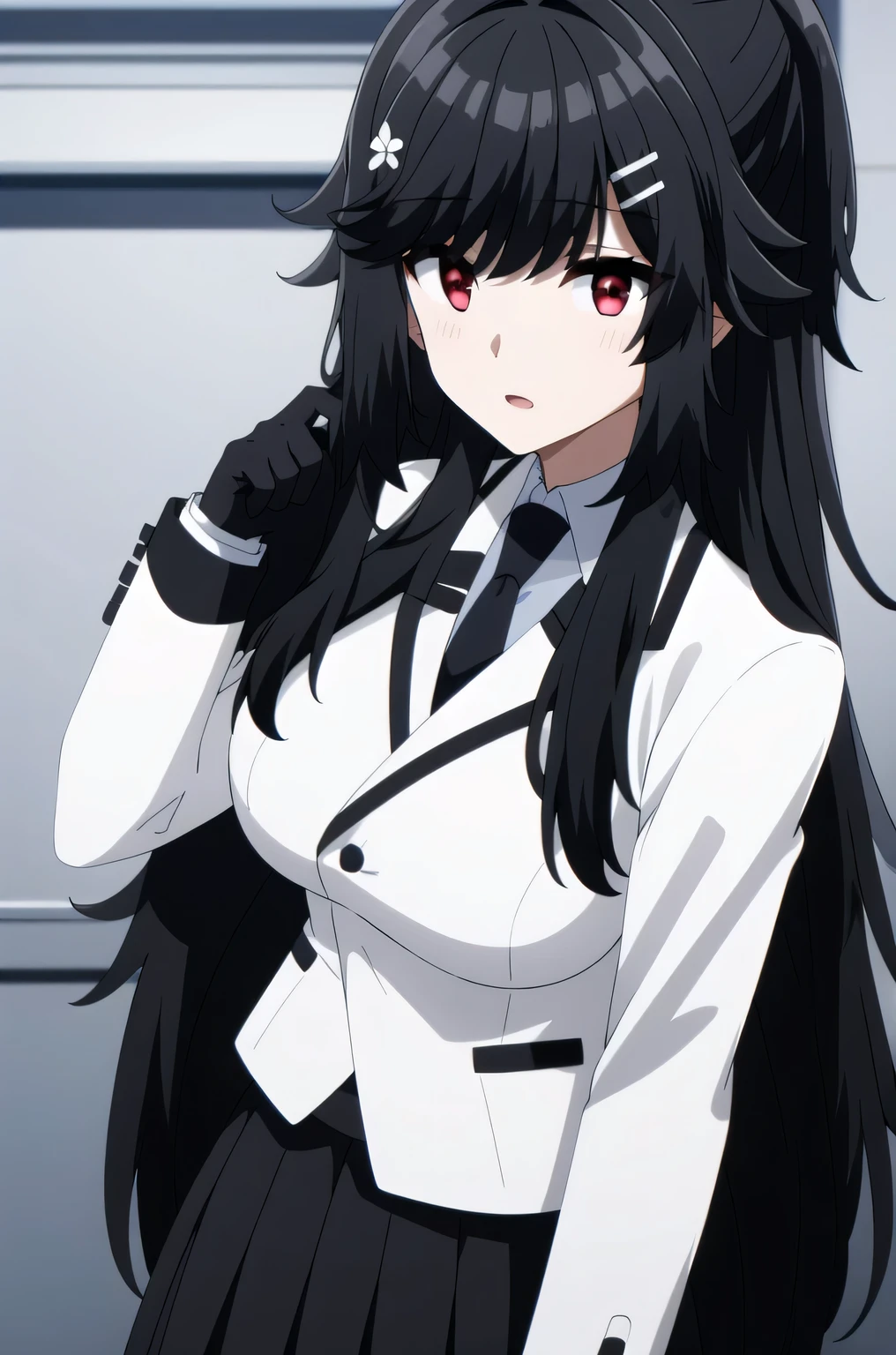 white shirt ,black skirt,jacket,,Black Tie, bangs, black hair,hair ornament, hairclip, long hair, red eyes,large breast,narrow waist