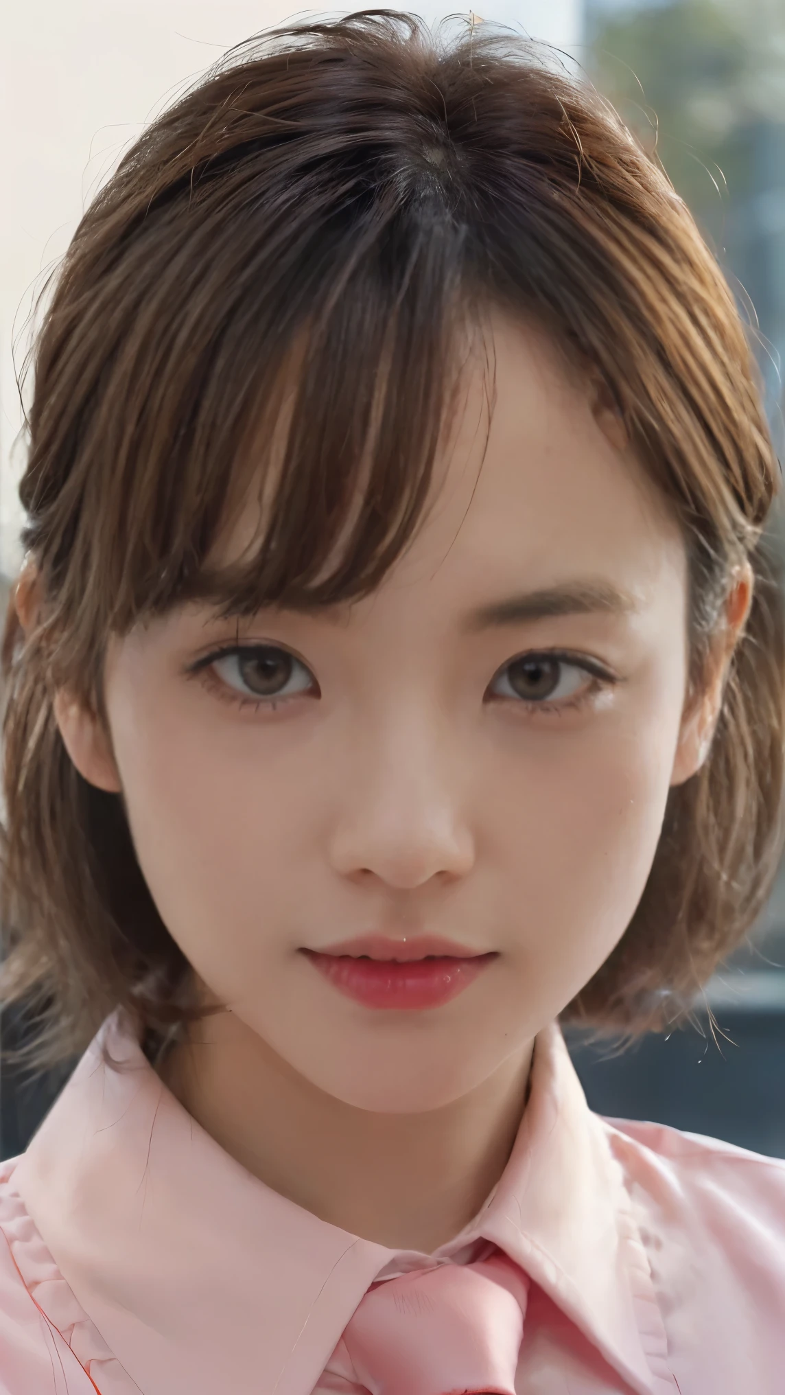 dressed, (photo realistic:1.4), (hyper realistic:1.4), (realistic:1.3), (smoother lighting:1.05), (Improve the quality of cinematic lighting:0.9), 32k, 1girl:1.2,  girl, realistic lighting, Backlight, light shines on your face, ray tracing, (bright light:1.2), anatomically correct proportions, (Improvement of quality:1.4), (Highest quality realistic textured skin:1.4), (detailed eyes), (black eye), detailed face, high quality eyes, (Tired, sleepy and satisfied:0.0), (((close up of face))), ((red tie, Pink collared blouse shirt:1.15)), japanese girl, (Enhance the mood of your body line:1.1), (Enhances the beauty of skin texture:1.1), (light makeup, [[pink lipstick]], eyeliner), hair dancing in the wind, brown hair, long hair, ((bright dark short (bangs swept to the side), very detailed)),
