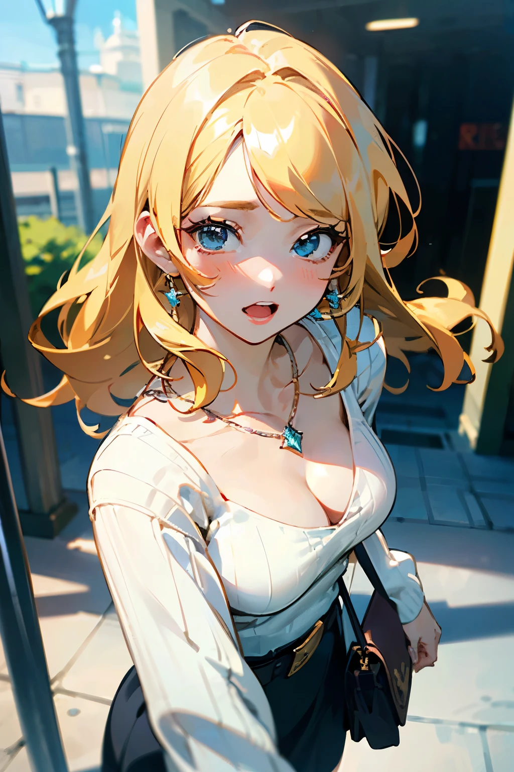 ((masterpiece, highest quality, High resolution, Hmm, RTX, perfect pixel, written boundary depth, 4k, very detailed))), 1 girl, single, alone, beautiful anime girl, beautiful art style, anime character, ((long hair, parted bangs, Medium hair bangs, blonde hair)), ((blue eyes:1.4, round eyes, beautiful eyelashes, realistic eyes)), ((detailed face, blush:1.2)), ((smooth texture:0.75, realistic texture:0.65, realistic:1.1, Anime CG style, bright colors)), ((medium breasts, cleavage:0.9, big breasts)), dynamic angle, perfect body, ((throw, dynamic pose, close)), ((white sweater, long sleeve, black skirt, women&#39;s belt, Snazzy, single handbag, 1 diamond necklace)), open your mouth, embarrassing, amusement park