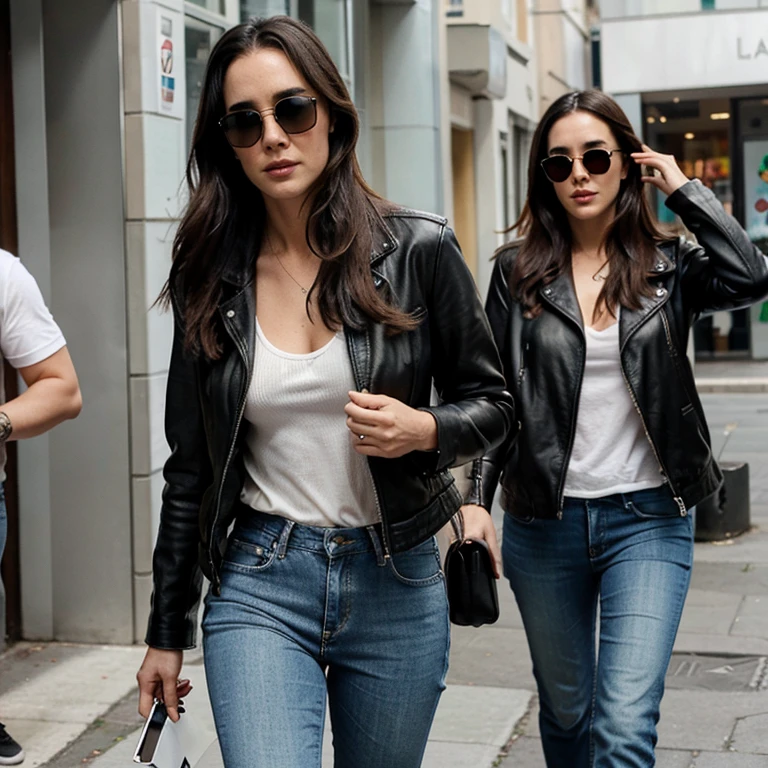 Jennifer Connelly dressed in leather jacket and jeans with sunglasses
