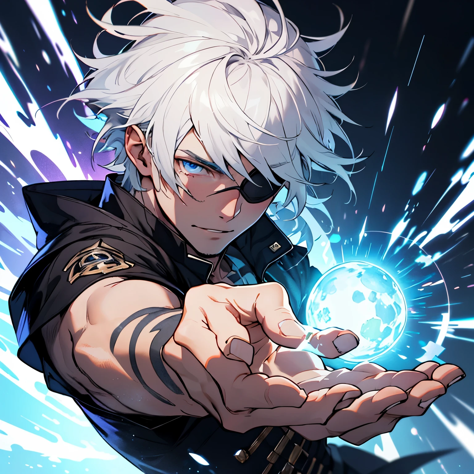 Homem com cabelo curto loiro, he has blue eyes and wears a black eye patch on the right side of his face and can release magic through his hands.