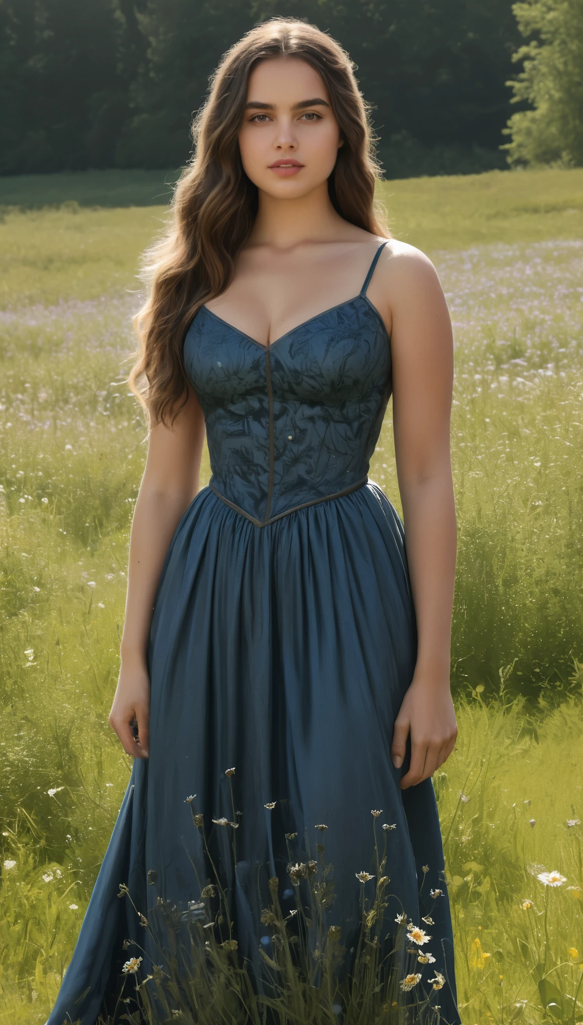 An illustrated movie poster, hand-drawn, full color, a Westerosi girl, wearing a long regal dress, resembles Ana De Armas, sun-tanned complexion, athletic, hourglass figure, toned midriff, bottom-heavy, generous hips, massive bubble-butt, ridiculously thick powerful thighs, dark hair, long hair, waist-length hair, posing in a field of wildflowers, hard shadows, graphite shading, stencil marks, airbrushed acrylic paint, masterpiece, in the style of Game of Thrones