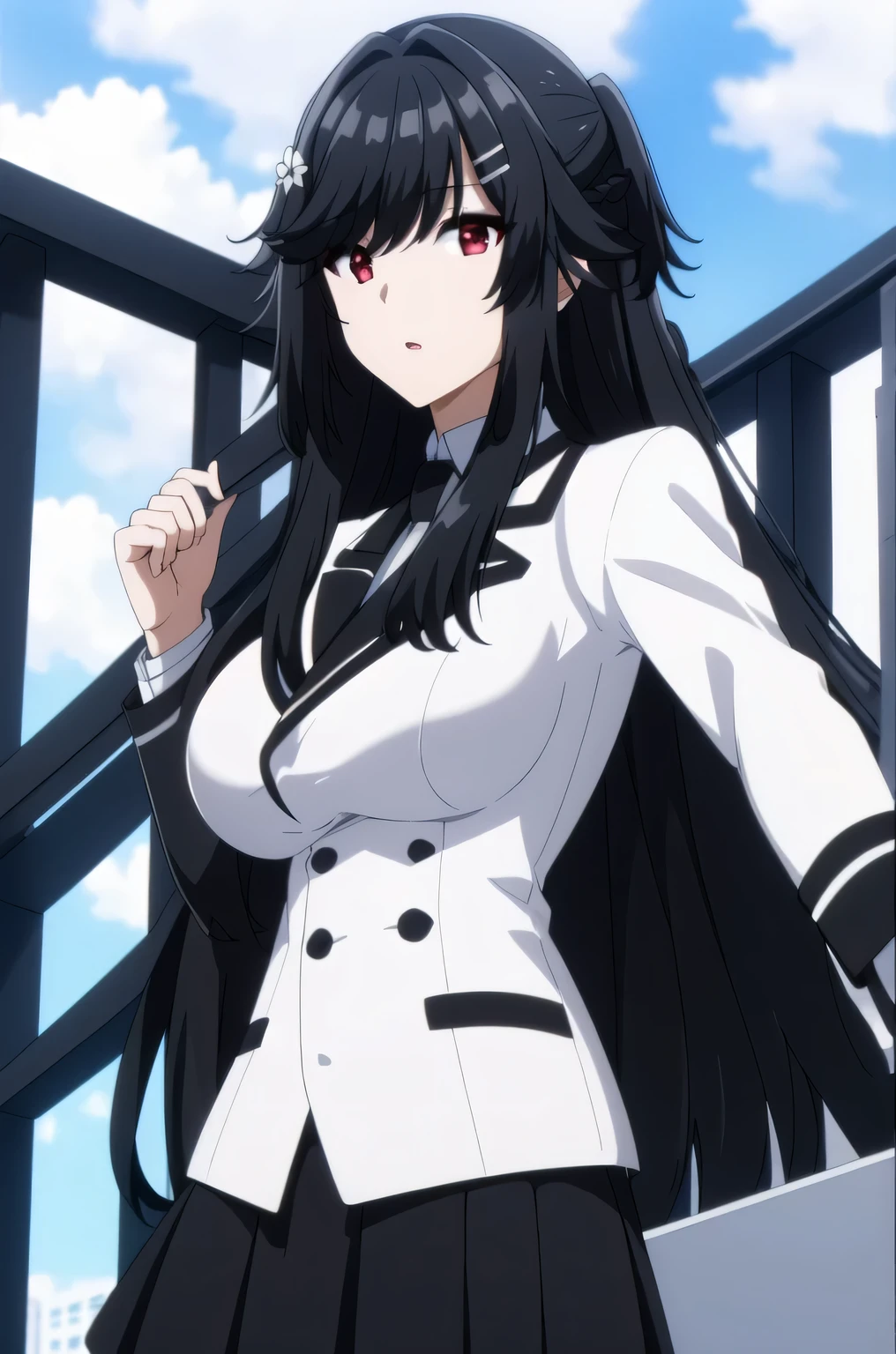  (masterpiece:1.0),(best_quality:1.0), ultra high res,4K,ultra-detailed, photography, 8K, HDR,white shirt ,black skirt,jacket,,Black Tie, bangs, black hair,hair ornament, hairclip, long hair, red eyes,large breast,narrow waist
