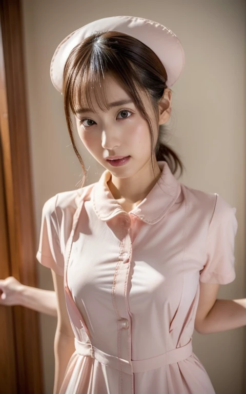 (photo practical:1.4), (hyper practical:1.4), (practical:1.3), (Smoother lighting:1.05), (Improving the quality of cinema lighting:0.9)、Natural light、Professional photos, practical portrait,(Japanese beautiful girl、-yeld juautiful face and eyes, Very cute face, smile, vitality, vitality, (Sexy nurse uniform with a wide open chest:1.2、The chest is open wide and her breasts are exposed、Her clothes are open and her naked body is visible、Showing her boobs、very beautiful small breasts、Small breasts、Beautiful cherry-colored areola、Erect nipples、Small butt、Shaved),The hem is short and the lower half of the body is visible、No underwear、 Light Pink, white, (Breast nurse:1.4),  (district), Stethoscope, white Wallpaper, Portrait of sexy girl, (View from below:1.2)、Shooting from the knees up、Treatment room in hospital、Nurse hat、首からStethoscopeをかけている、No underwear、No underwear、No bra、(Stethoscope)Holding a syringe in your hand、topless、Upper body naked