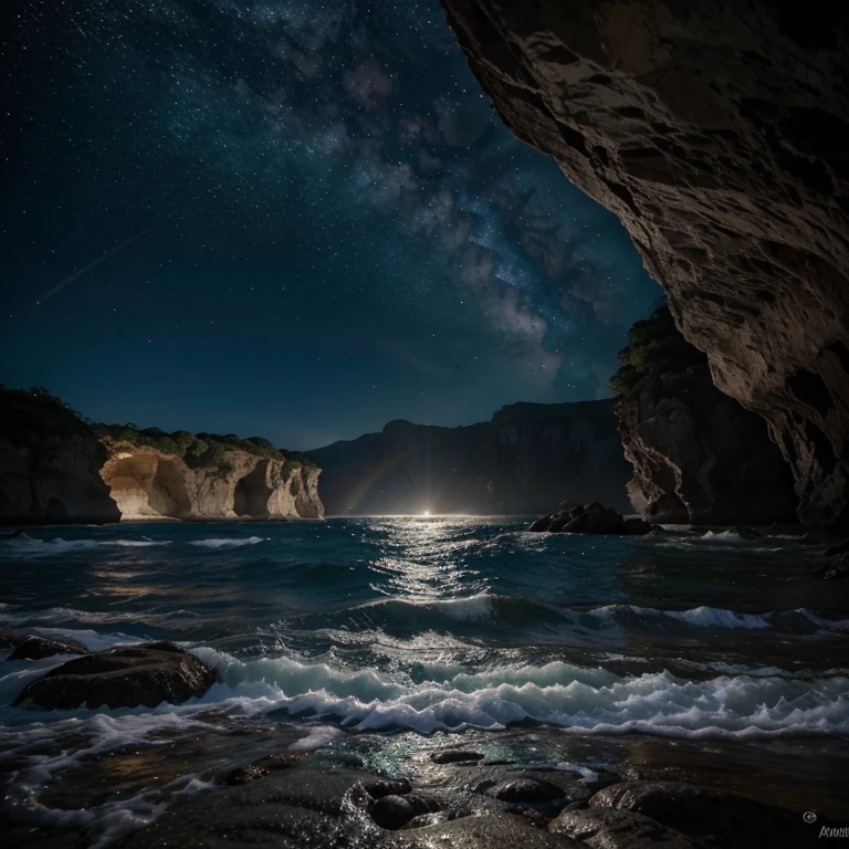 Foto de vasta paisagem (vista de baixo, that shows the sky above and the rocks below), Fortaleza no topo (lua cheia: 1,2), (estrelas cadentes: 0,9), (nebula: 1,3), Uma montanha distante , tree BREAK production art, (Fonte de luz fria:1.2), (vaga-lume:1.2), Montanhas cobertas de neve, bulky lighting, realismo QUEBRA (obra-prima:1.2), (melhor qualidade), 4K, ultra-detalhado, (dynamic composition: 1.4), detalhado, detalhes coloridos, (Rainbow colors: 1.2), (Bright lighting, ambient lighting), sonhadores, elvish, (only: 1.2)