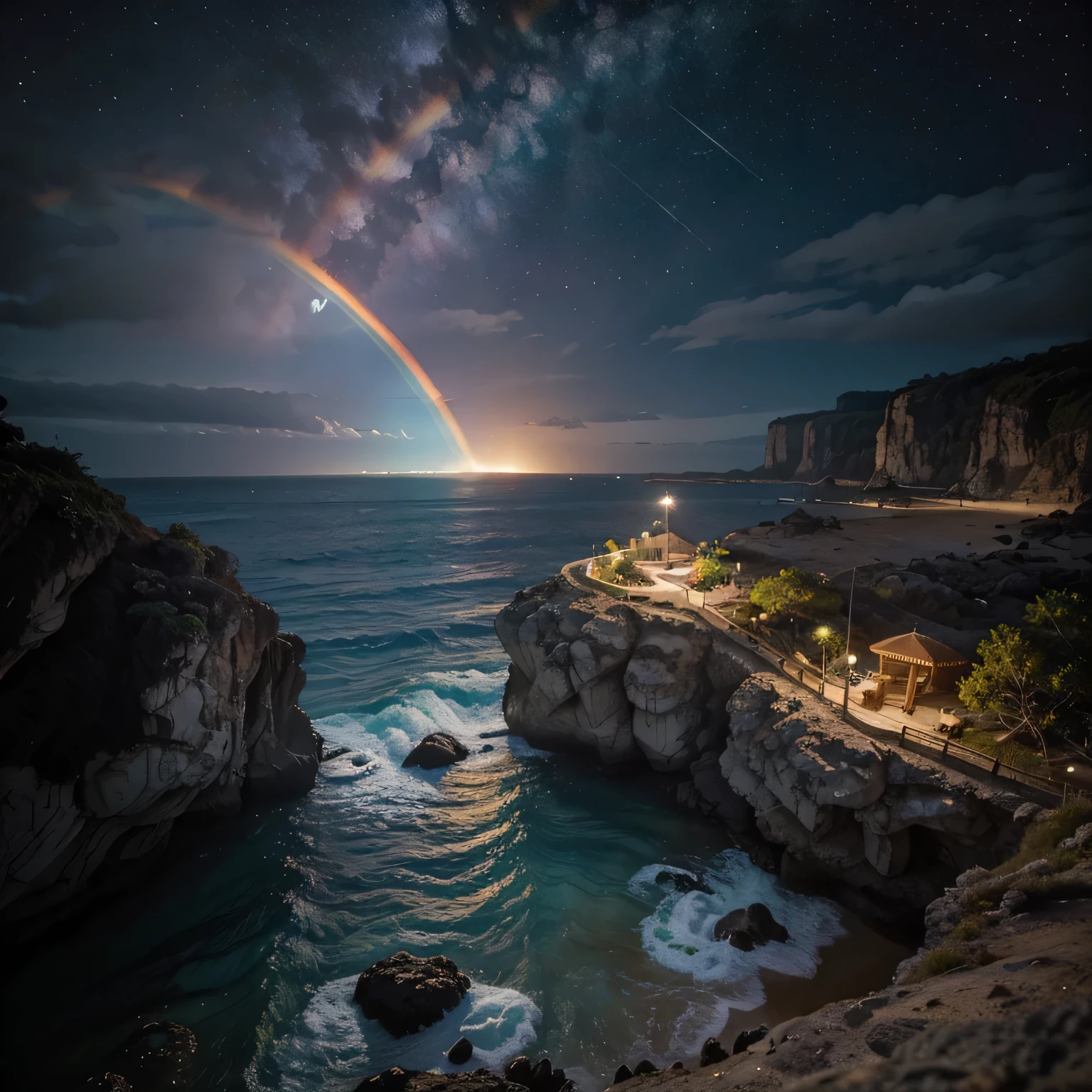 Foto de vasta paisagem (vista de baixo, that shows the sky above and the rocks below), Fortaleza no topo (lua cheia: 1,2), (estrelas cadentes: 0,9), (nebula: 1,3), Uma montanha distante , tree BREAK production art, (Fonte de luz fria:1.2), (vaga-lume:1.2), Montanhas cobertas de neve, bulky lighting, realismo QUEBRA (obra-prima:1.2), (melhor qualidade), 4K, ultra-detalhado, (dynamic composition: 1.4), detalhado, detalhes coloridos, (Rainbow colors: 1.2), (Bright lighting, ambient lighting), sonhadores, elvish, (only: 1.2)