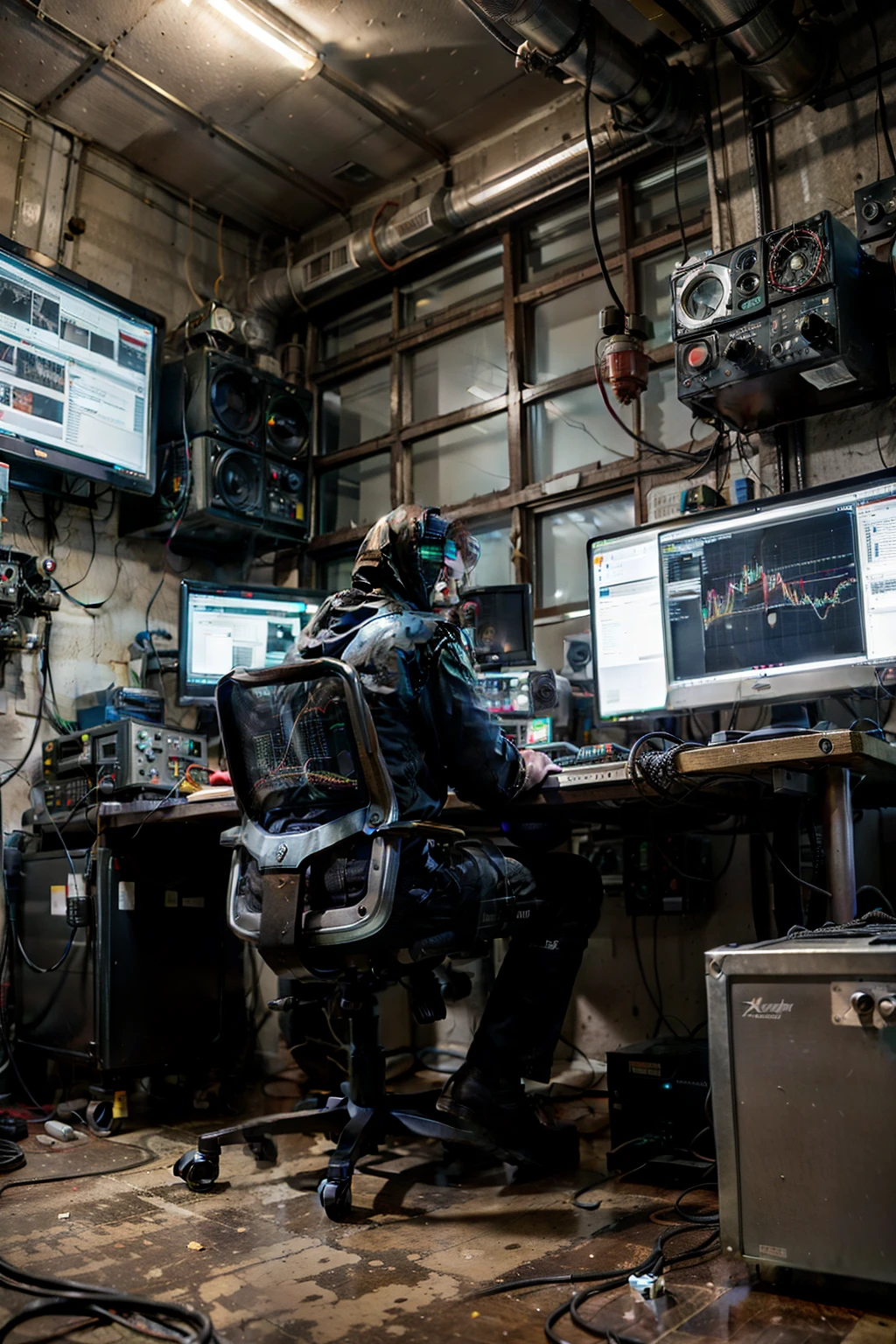 HERMIT : lonely hooded cyborg man silhouette with long grey beard in futuristic underground dark filled with machines and alien technology : every surface is filled with detailled modulators and machines, with screens, graphs and complex meters and visuals analysers, futuristic desk, messy dark , dystopian style. many machines and wires wires dark dark ambiance image technology technology dark buttons everywhere, filled with details, wires on the walls and roof and floor