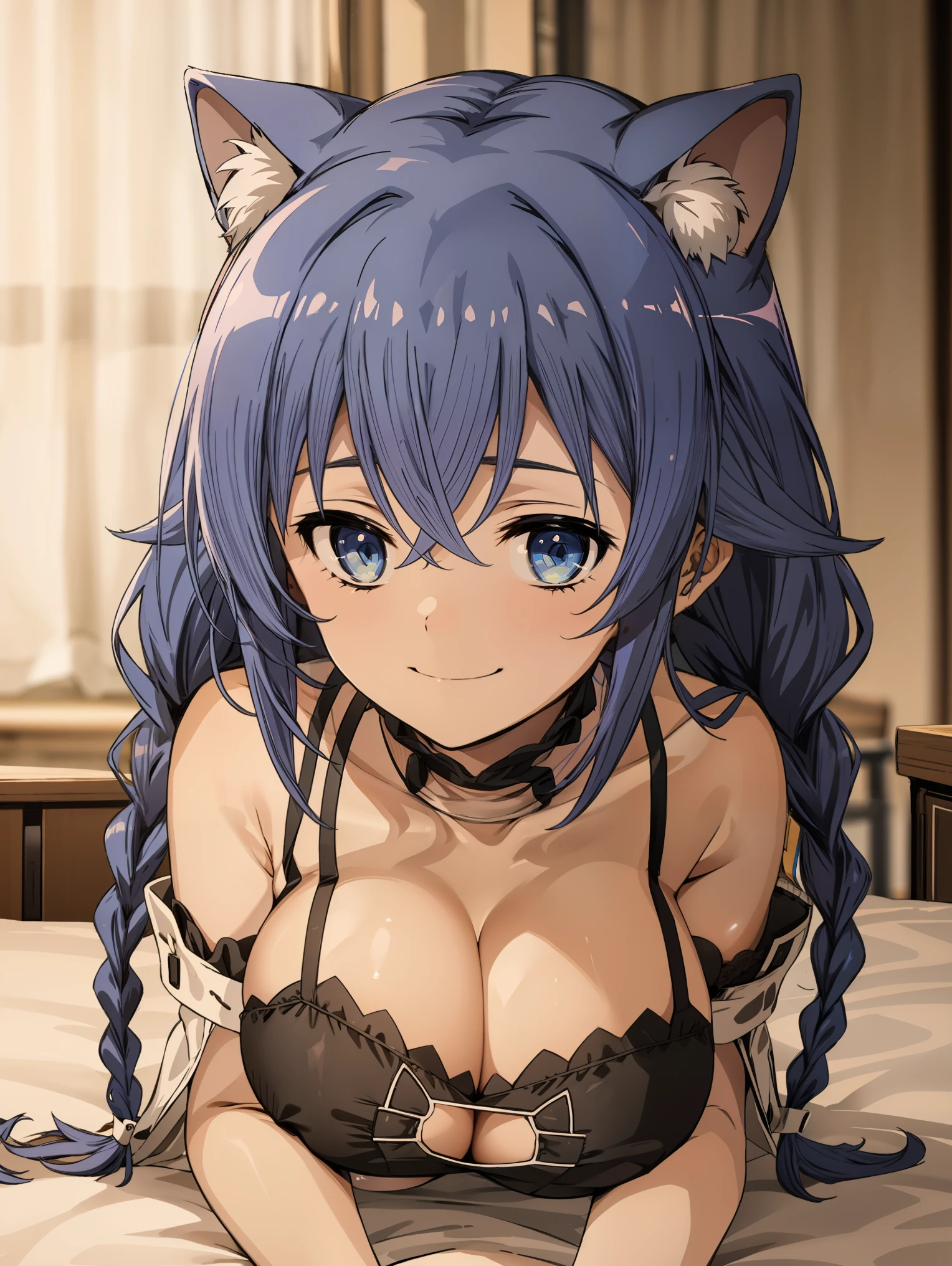 (masterpiece, best quality) ,(high resolution,weak outline),(textile shading) ,BREAK ((1girl)), BREAK (breast cleavage), ((large breasts:1.5)), BREAK ((beautiful eyes, blue eyes)), BREAK (twin braids), long hair, ((blue hair)) ,BREAK((little smile)), BREAK ((looking_at_viewer)), BREAK ((on all fours, on the bed, bed with wooden elements, old candless on the desk, desk on the left side)),(((correct anatomy:1.6))), ((pov)), (edgcatlingerie), ((wearing edgcatlingerie)) ,cat cutout, (cleavage cutout),