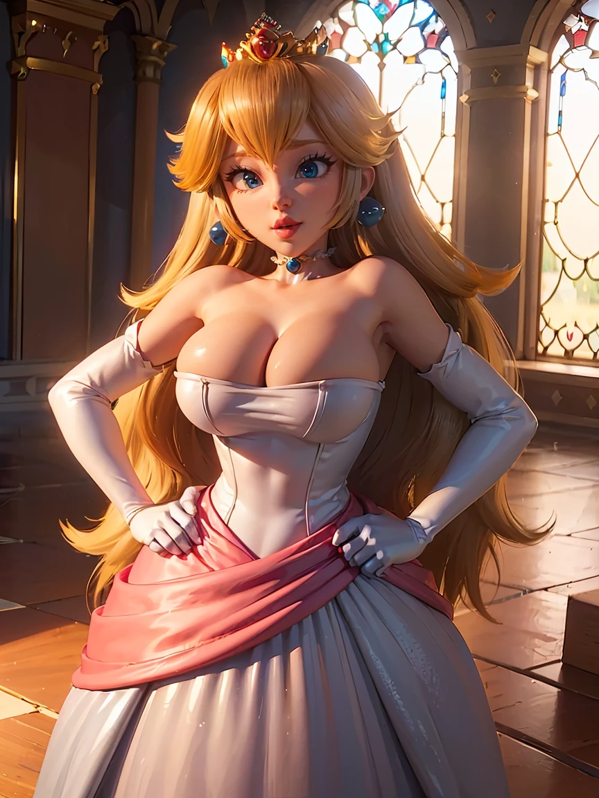 Princess Peach \(Mario Bros\), (Ela tem grandes olhos azuis brilhantes), (pele clara), (pele realista), (Glossy and pink lips), (((longos cabelos loiros lisos))), (Dark shadows compose), ((Seios muito enormes, Rosa )), (coxas grossas), (Corpo fino perfeito), ((completely naked, mamas expostas, exposto)), (coroa), ((Posing sexy in peach princess castle)), (master part, High definition, Volumetric lights and dynamic shadowaster part)), (8k), (rosto perfeito), (Ultra Detalhes) (perfect hands, olho, e rosto), ((sorriso sexy)),
