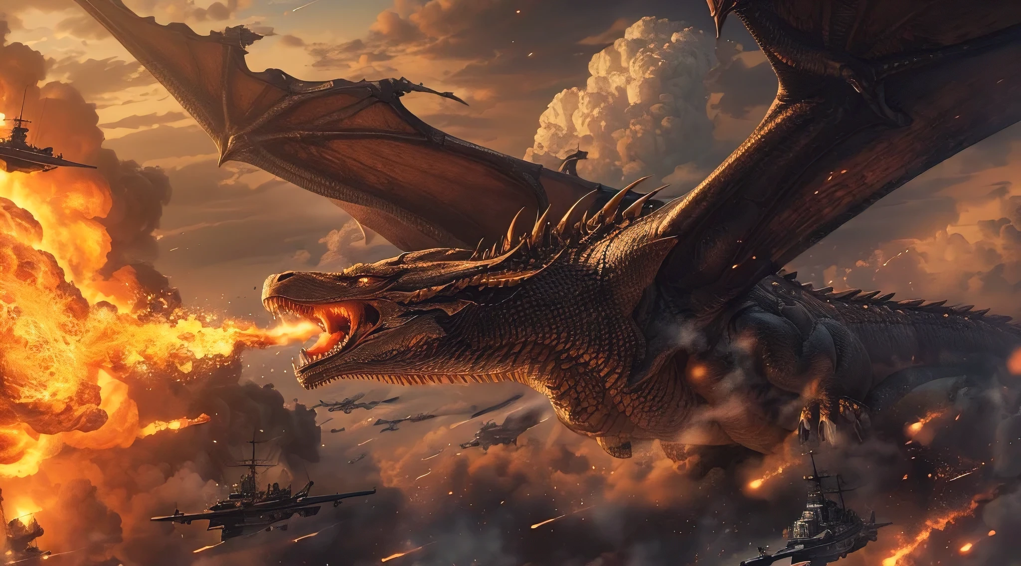 (best quality,4k,8k,highres,masterpiece:1.2),ultra-detailed,(realistic,photorealistic,photo-realistic:1.37),A dragon breathes fire at a group of battleships flying in the sky in a fantasy art style. (in the style of dune)