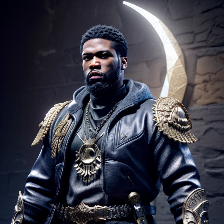 there is a godly man with a beard and a sword standing in front of a wall, unreal 5. rpg portrait, fantasy style 8 k octane render, created in unreal engine 5, 8k portrait render, cinematic unreal 5, handsome prince warrior of NY, yasuke 5 0 0 px models, 8 k cg render, rendered in unreal 5, rendered in unreal engine 5, Son of African American Lafayette Royal and Rhea Ripley, Genetics, Masculine traits and attributes, 50 Cent energy, dark shaved hair, vibrant brown eyes, radiant, focused, ambitious, confident, observant, competent, HOVA inspired clothing, streetwear, hip hop vibe, art, Cancerian Sun Sign traits, Sagittarius Moon traits, natal chart, Libra ascendant, zodiac, high quality fleece jacket, wearing diamond chain draped on upper body 