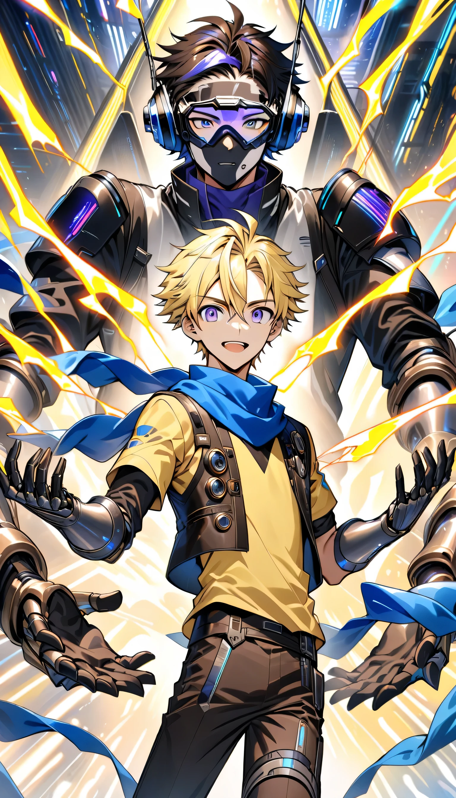  anime male with fair skin, thin but toned body, blonde hair with a few black and white streaks, purple eyes, wearing a black steampunk vest, yellow shirt, dark brown pants, and a blue scarf, with high tech sci fi headphones, high tech sci fi goggles on his hair, high tech sci fi gauntlets, and high tech sci fi greaves. He is also holding a high tech sci fi spear, and prismatic colored electricity is shooting out from his gauntlets, five fingers, two hands, two arms, one head, two eyes, one nose, one mouth, two ears, two legs