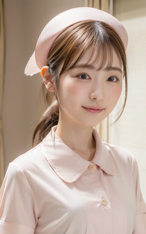 ((highest quality, 8K, debris flies: 1.3)), beauty, one japanese girl, nurse, whole body, perfect anatomy, Are standing, brown hair, dull bangs, Lower ponytail, 20-year-old, face focus, detailed face, highly detailed lips, fine eyes, sweaty skin: 1.2, nurse uniform, pale pink dress, nurse cap,((Her dress is a little unbuttoned、I can see my underwear。:1.4))、hospital room、((close your eyes:1.3))、upper grade、high angle、open your mouth a little