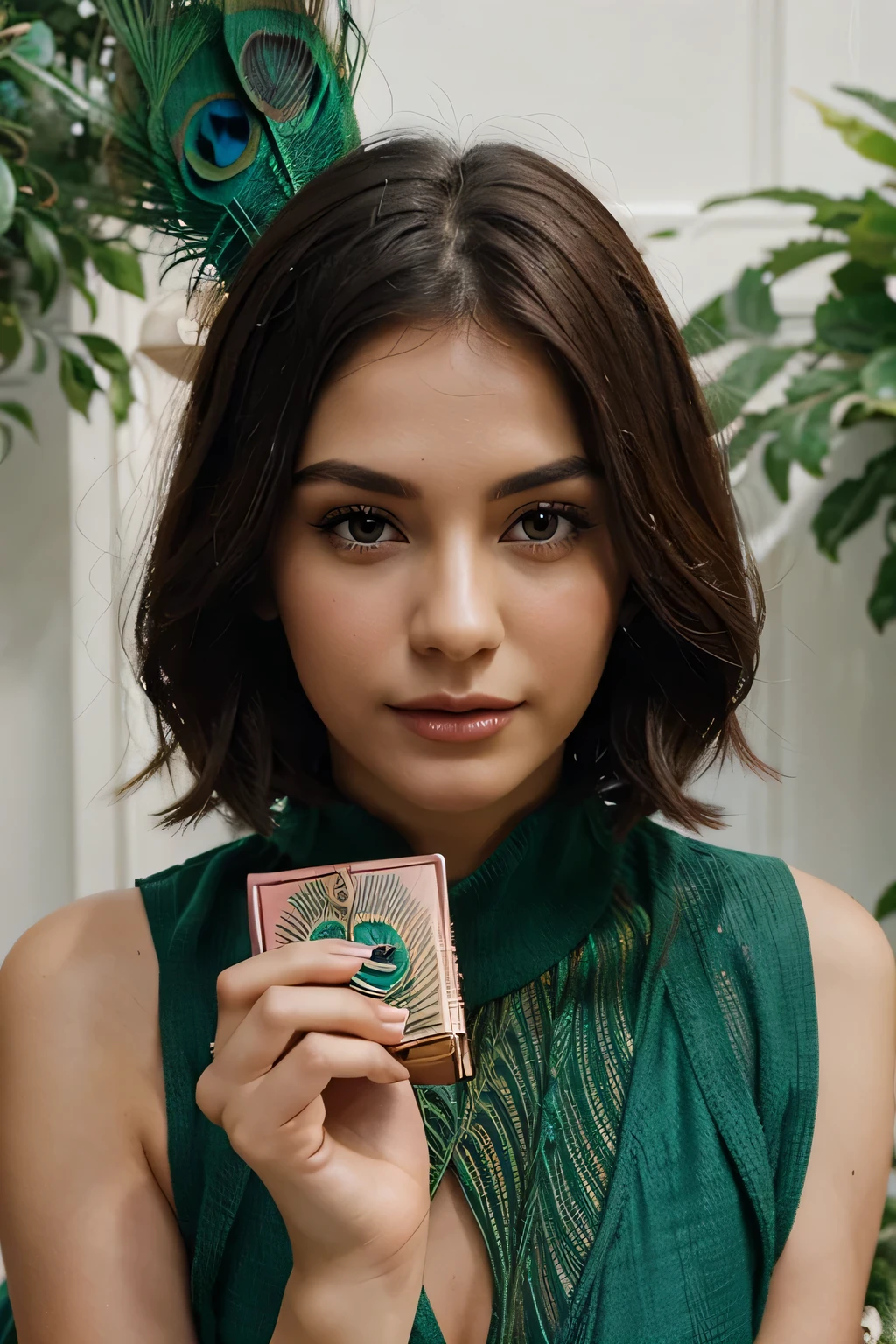 create an image of a woman holding a cosmetic packaging in the shape of a peacock feather