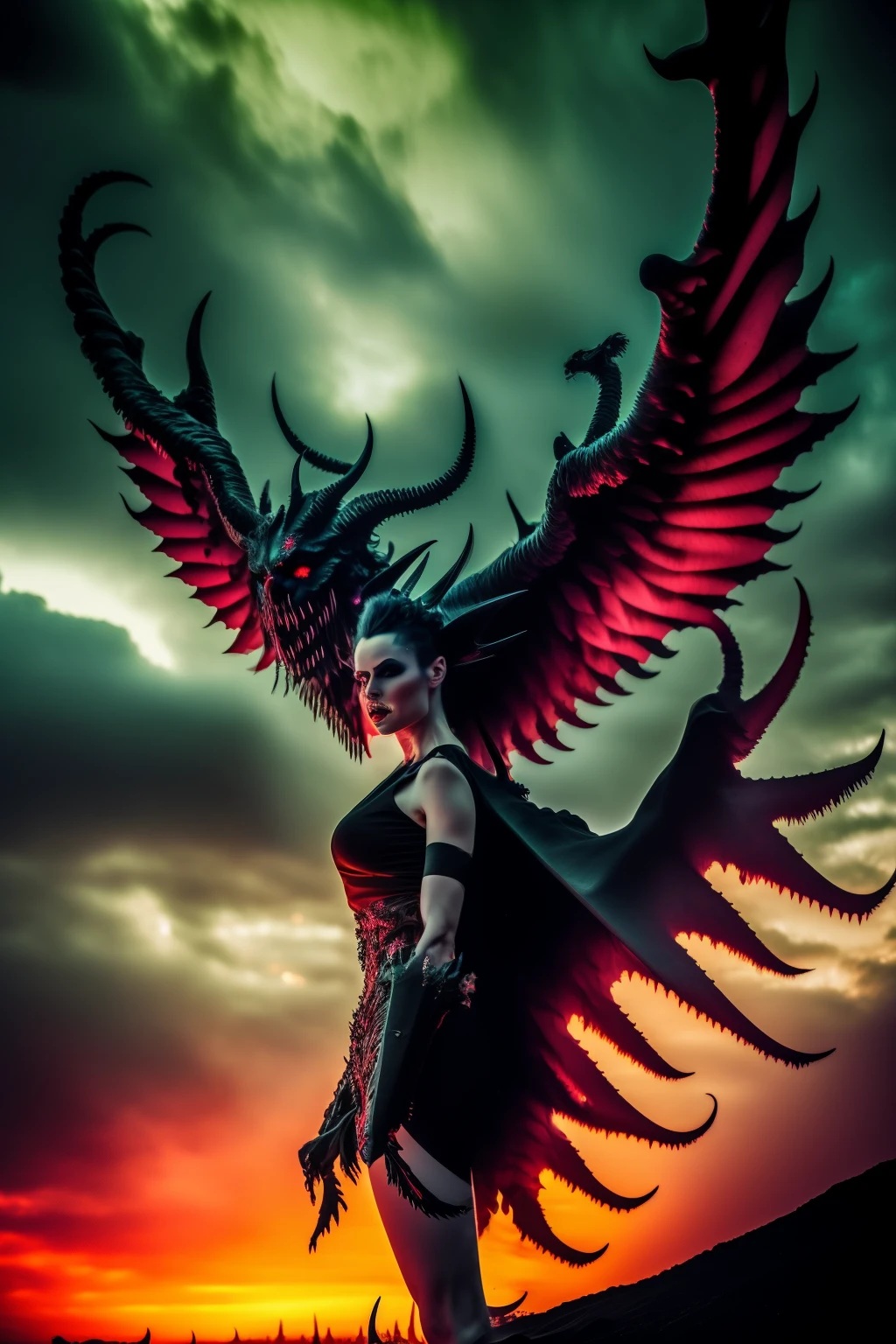 high-angle shots, and fisheye effects. A beautiful mecha angel lady and an mecha evil devil lady walking side by side, one with long blonde hair in white flowing gown with wings on back of her arms, other has pink red black colored hair wearing cloak and ripped jeans boots and horns with bat tail behind them city background realistic high detail, photo, cinematic, anime, dark fantasy, vibrant, landscape photography, fullbody