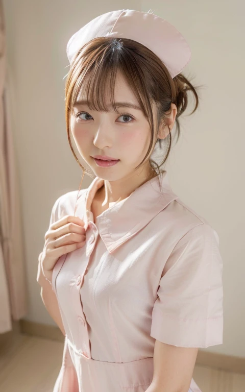 ((highest quality, 8K, debris flies: 1.3)), beauty, one japanese girl, nurse, whole body, perfect anatomy, Are standing, brown hair, dull bangs, Lower ponytail, 20-year-old, face focus, detailed face, highly detailed lips, fine eyes, sweaty skin: 1.2, nurse uniform, pale pink dress, nurse cap,((Her dress is a little unbuttoned、I can see my underwear。:1.4))、hospital room、((close your eyes:1.3))、upper grade、high angle、open your mouth a little