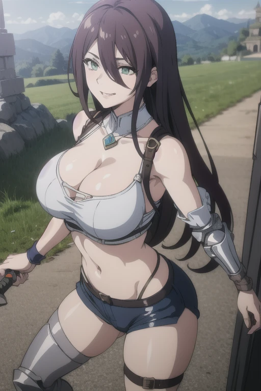 mature women,milf,large breast,beautiful face,long hair, shiny hair, green eyes,high detailed,red hair, hair over one eye,masterpiece,cowboy shot,perfect anatomy,cleveage,dynamic pose,((wearing armour)), cleavage, curvy,midriff, thigh strap, boots, hold sword, sword fighting stance, outdoor, adventurer, knight,evil smile,
