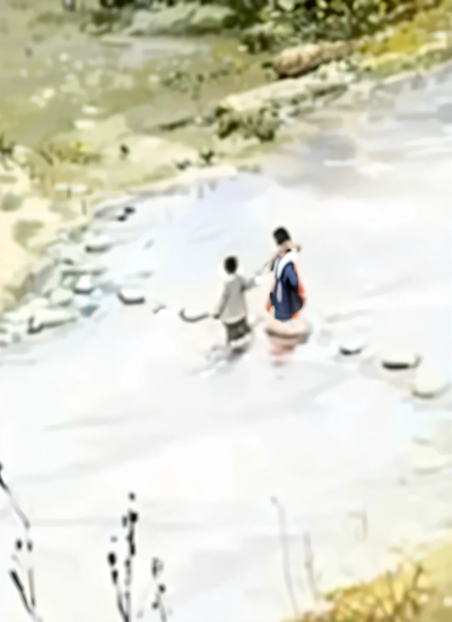 A scene where a boy and a girl cross a rock next to a stream where cherry blossoms are in full bloom in the mountains..,(boy:1.2),(girl:1.2),(rock:1.2),A girl standing in the middle of a stream and holding a boy’s hand,The boy deliberately fell into the water and crossed next to the girl, holding her hand.,crossing the stream.The city hall car is visible from above