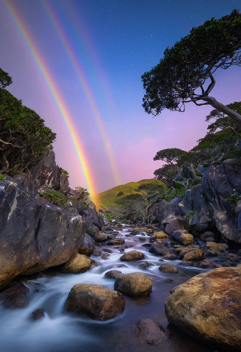 Foto de vasta paisagem (vista de baixo, that shows the sky above and the rocks below), Fortaleza no topo (lua cheia: 1,2), (estrelas cadentes: 0,9), (nebula: 1,3), Uma montanha distante , tree BREAK production art, (Fonte de luz fria:1.2), (vaga-lume:1.2), Montanhas cobertas de neve, bulky lighting, realismo QUEBRA (obra-prima:1.2), (melhor qualidade), 4K, ultra-detalhado, (dynamic composition: 1.4), detalhado, detalhes coloridos, (Rainbow colors: 1.2), (Bright lighting, ambient lighting), sonhadores, elvish, (apenas: 1.2)