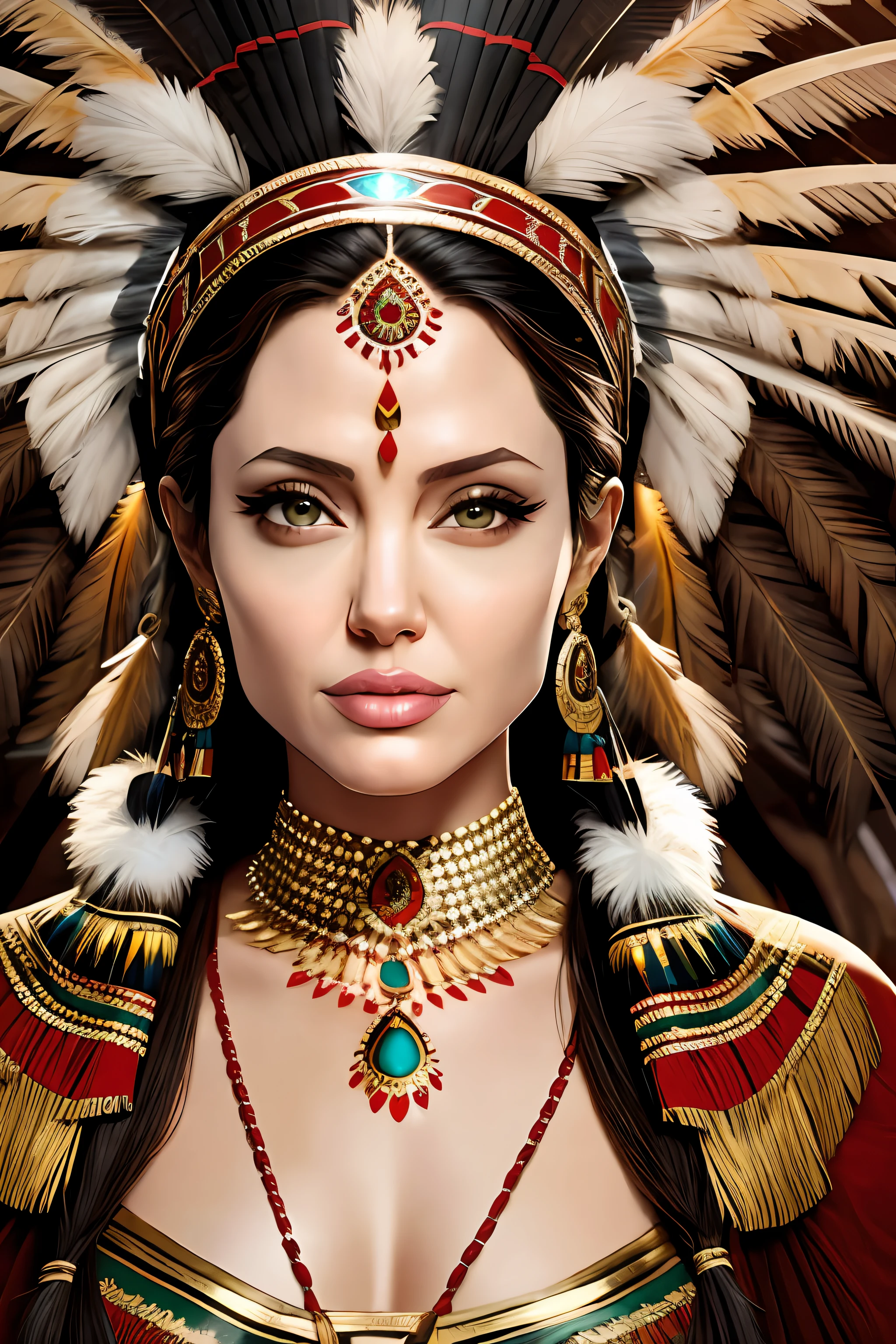 Angelina Jolie with realistic Indian headdress best shadow best cinematic detailed lighting high resolution --auto --s2