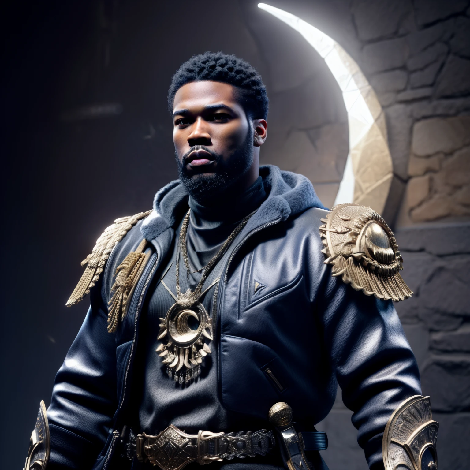 there is a godly man with a beard and a sword standing in front of a wall, unreal 5. rpg portrait, fantasy style 8 k octane render, created in unreal engine 5, 8k portrait render, cinematic unreal 5, handsome prince warrior of NY, yasuke 5 0 0 px models, 8 k cg render, rendered in unreal 5, rendered in unreal engine 5, Son of African American Lafayette Royal and Rhea Ripley, Genetics, Masculine traits and attributes, 50 Cent energy, dark shaved hair, vibrant brown eyes, radiant, focused, ambitious, confident, observant, competent, HOVA inspired clothing, streetwear, hip hop vibe, art, Cancerian Sun Sign traits, Sagittarius Moon traits, natal chart, Libra ascendant, zodiac, high quality fleece jacket, wearing diamond chain draped on upper body