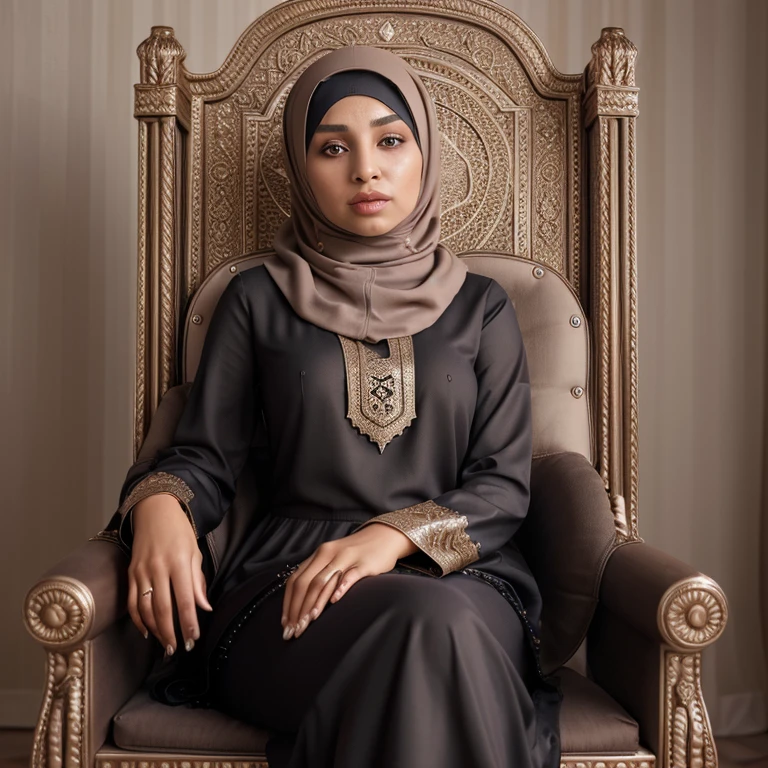 A Muslim hijabi woman sitting on king chair rich and luxury photo 4k 8k quality  