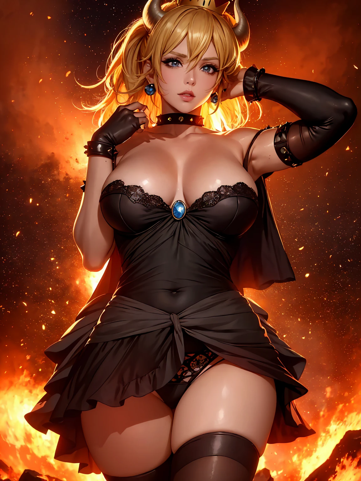((alto detallado, Mejor calidad, 4k, obra maestra, High Definition:1.3)), ((Mejor calidad)), (((High Definition))), (((8K))), (ultraDH), (ultra High Definition), princesa margarita, blue eyes, ROMPER ojos azules, seductor, atractivo, arte cg anime suave, senos 36C, piernas largas, vivid colors, arte digital detallado, Cuerpo delgado, piel perfecta, oscuro pelo rubio, pelo largo, pelo rubio, pelo rubio, ROMPER corona, escote, 36C escote, mirando al espectador, BREAK mirando al espectador, cara extremadamente detallada, traje rojo de santa, red Santa Claus Costume, Santa Claus Costume, pendientes, joya, oscuro maquillaje negro lips, oscuro gothic eyeshadows, oscuro eyeshadows, sombras de ojos negras, labios negros sexys, LABIOS NEGROS, (oscuro:1.2), oscuro lips, very oscuro lips, (manos perfectas, perfect anatomy), maquillaje negro, labios negros medianos, labios negros y gruesos, dedos detallados, cinco dedos por mano, 5 dedos, (1 chica), labios detallados, detailed LABIOS NEGROS, labios pintados de negro, gothic painted lips, Noche de descanso, cielo nocturno, (enfoque en el seno), (brazos extendidos:1.2), (desde arriba:1.1), (pechos afuera:1.3), (fuera del hombro:1.1), (cuernos blancos), (lingerie), dentro de un castillo de lava, ella dentro de un mar de lava, she bathing in lava, cuerpo completo, perfect piernas largas, pies perfectos, piernas y pies en la lava,